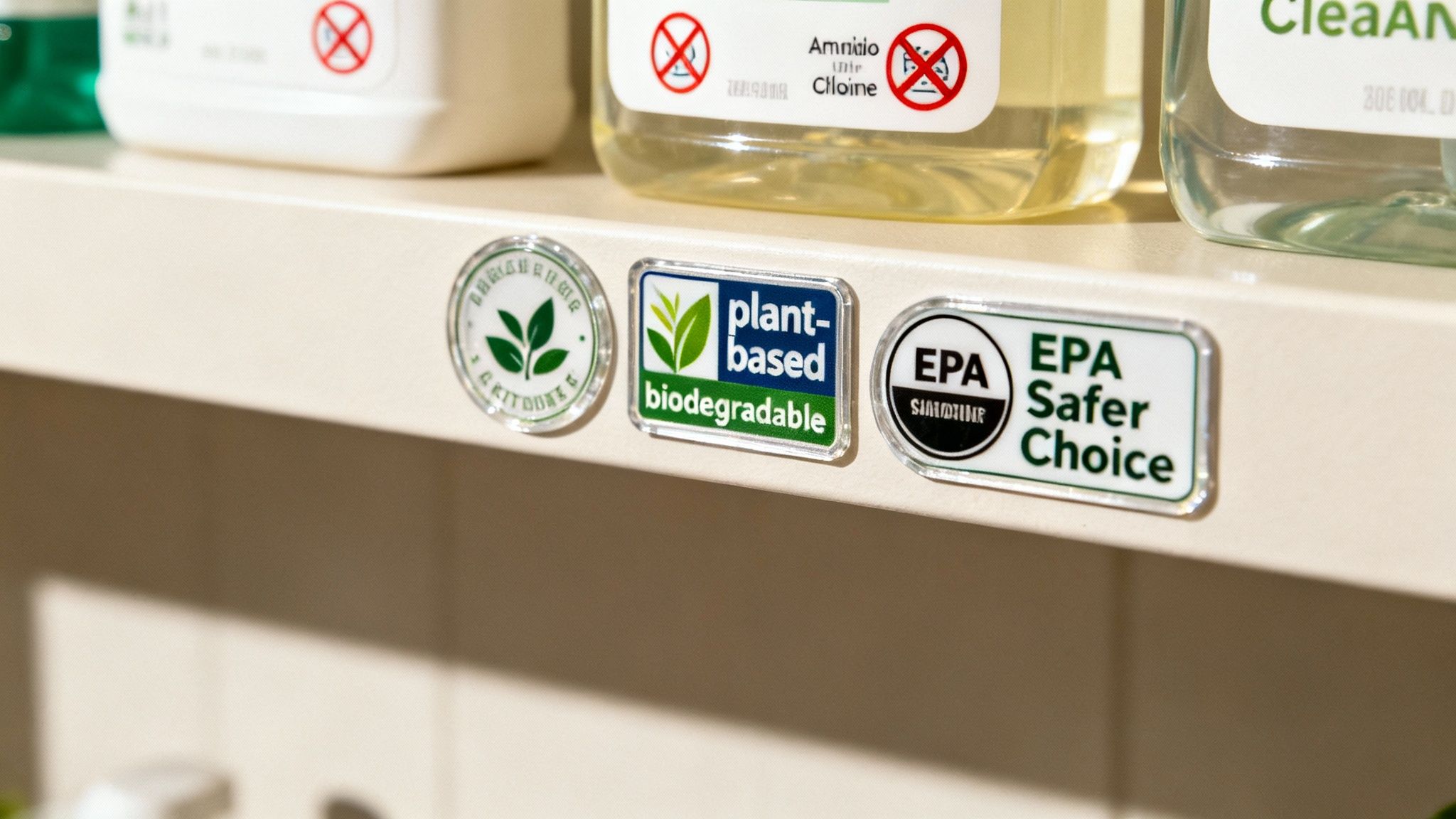 Close-up of eco-friendly product certifications: plant-based, biodegradable, and EPA Safer Choice.