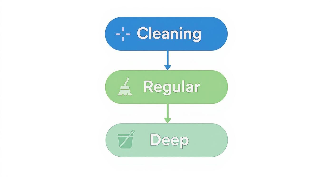 A cleaning service hierarchy flowchart displaying Cleaning, Regular, and Deep options with corresponding icons.