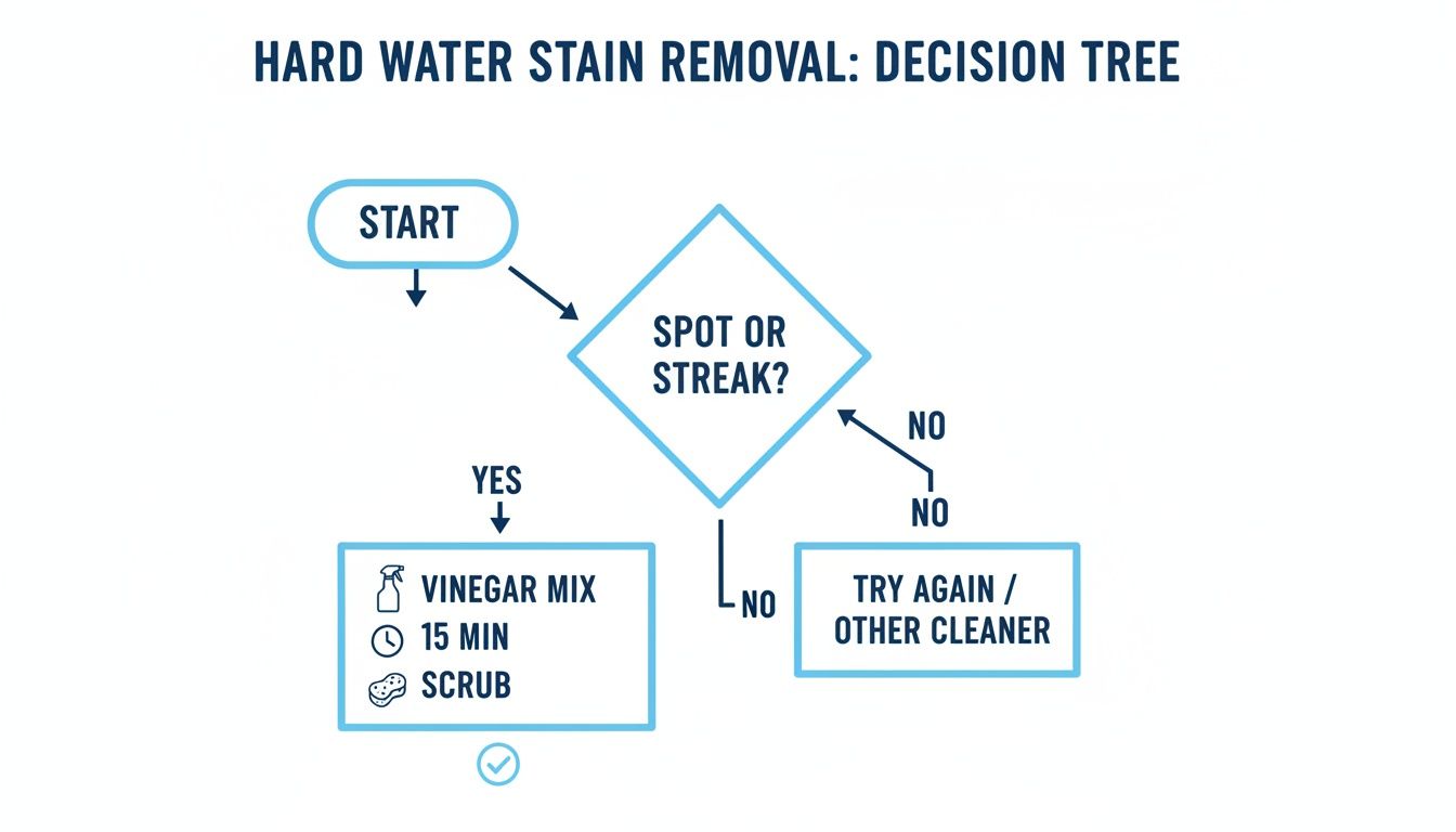 Decision tree flowchart for hard water stain removal, detailing steps from start to using vinegar or other cleaners.