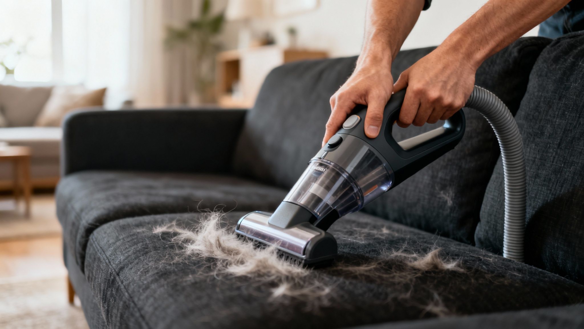 Person using handheld vacuum cleaner to remove pet hair from dark gray fabric sofa