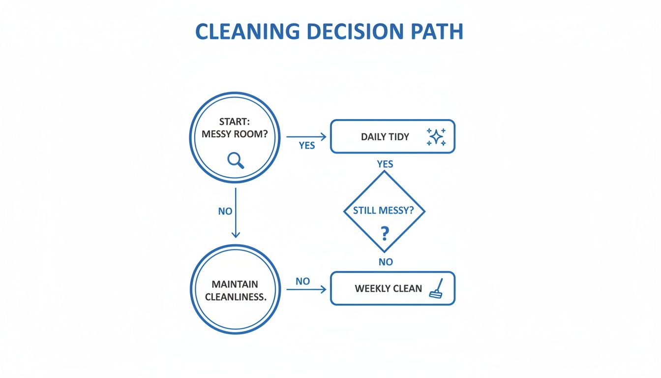 Flowchart illustrating a cleaning decision path, guiding users from a messy room to daily tidying or weekly cleaning.