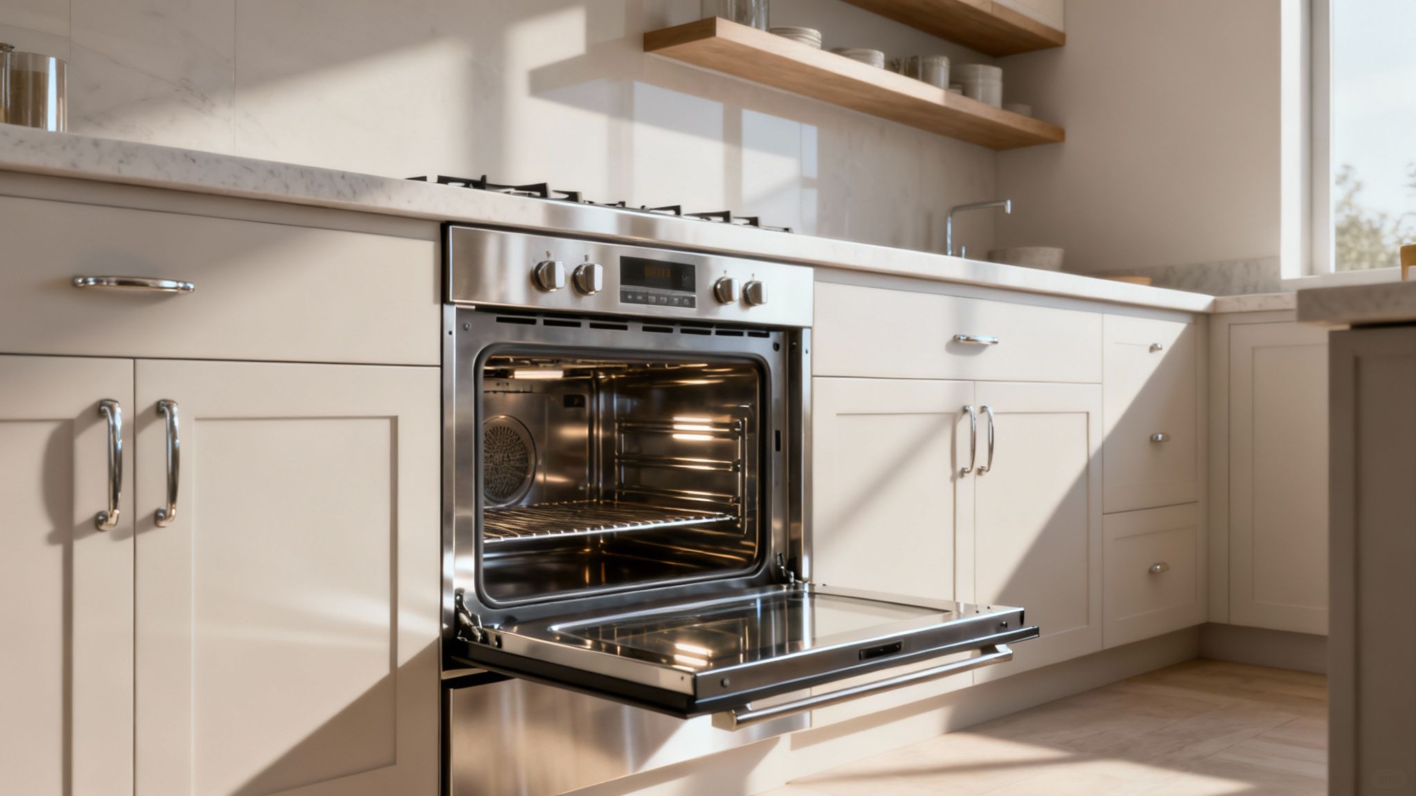 Modern kitchen with an open stainless steel oven, gas stovetop, light cabinets, and marble counter.
