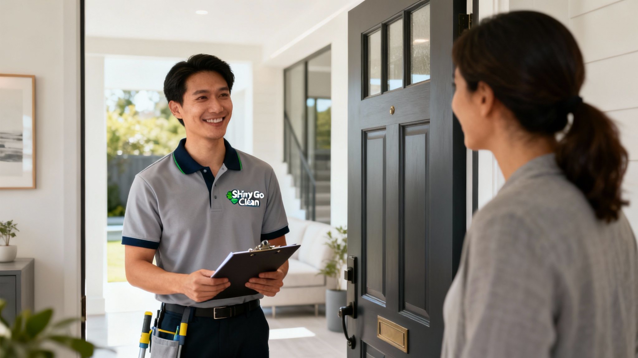 A smiling man in a "Shiny Go Clean" uniform and tool belt greets a woman at a doorway.