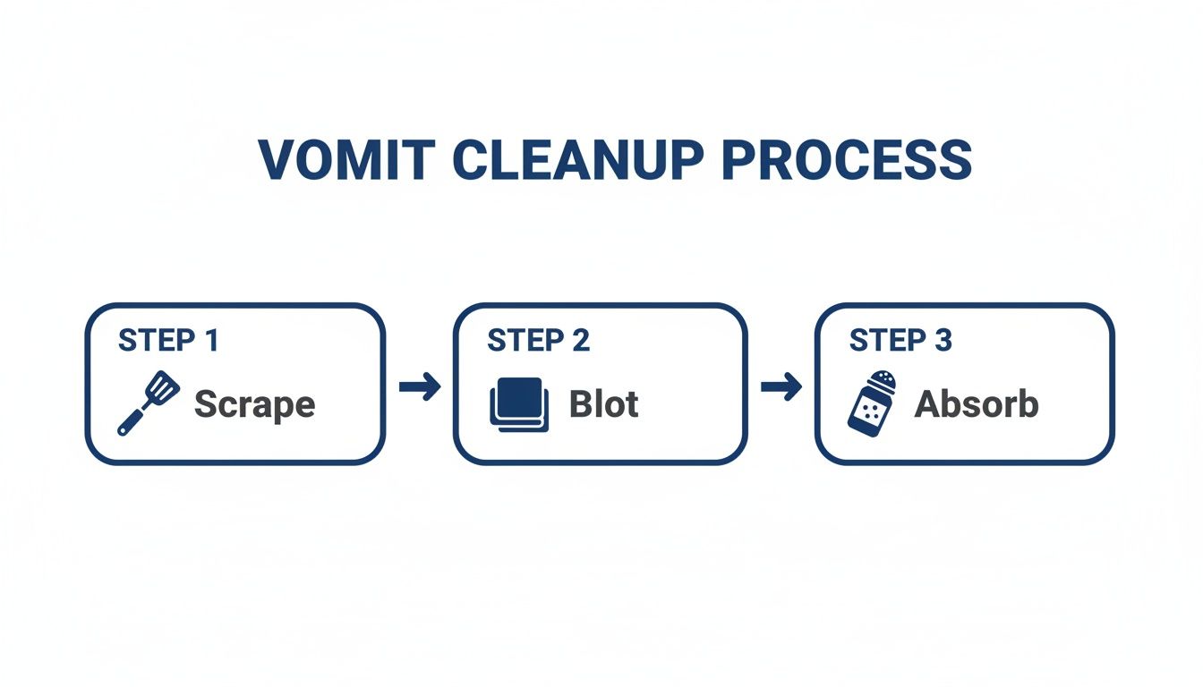 A diagram illustrates a three-step vomit cleanup process: scrape, blot, and absorb with icons.
