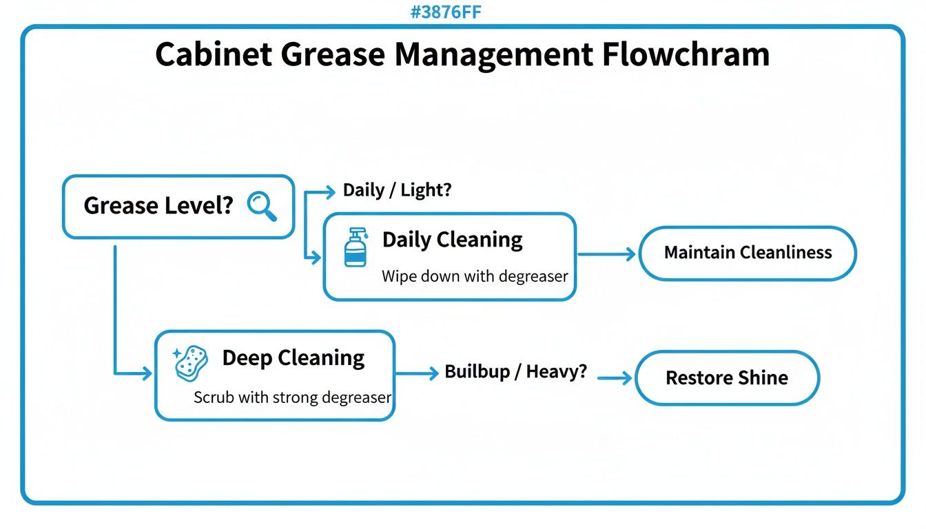 Flowchart illustrating a cabinet grease management process, detailing daily and deep cleaning steps for removal.