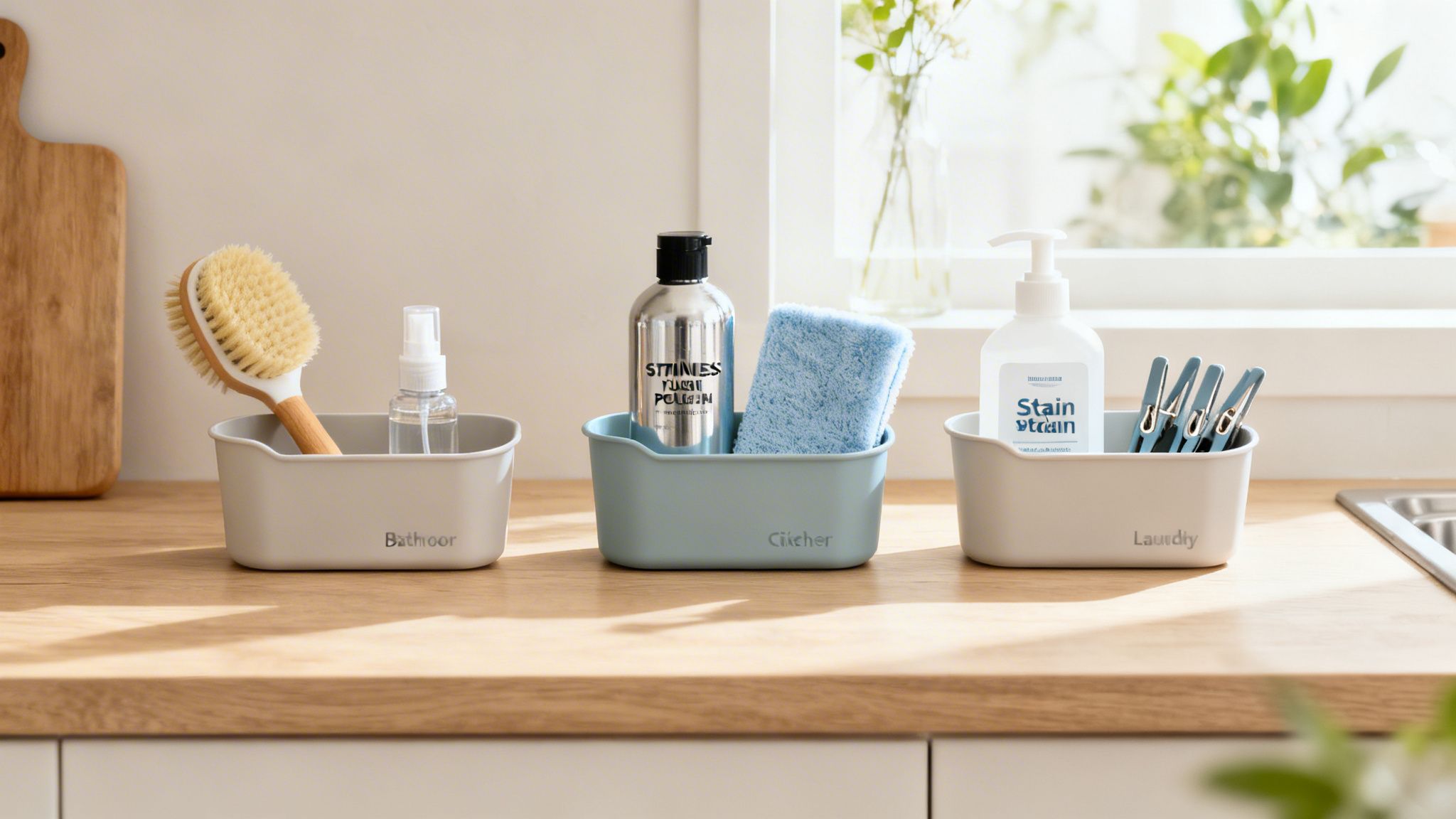 Three organized caddies holding cleaning supplies for bathroom, kitchen, and laundry on a wooden counter.