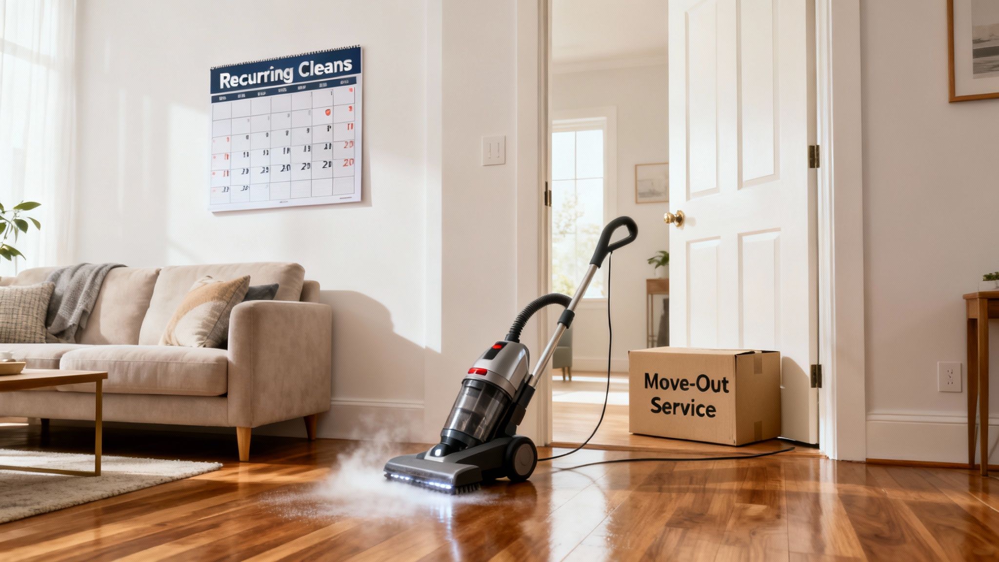 A vacuum cleaner steams a wooden floor in a living room with a 'Recurring Cleans' calendar and 'Move-Out Service' box.