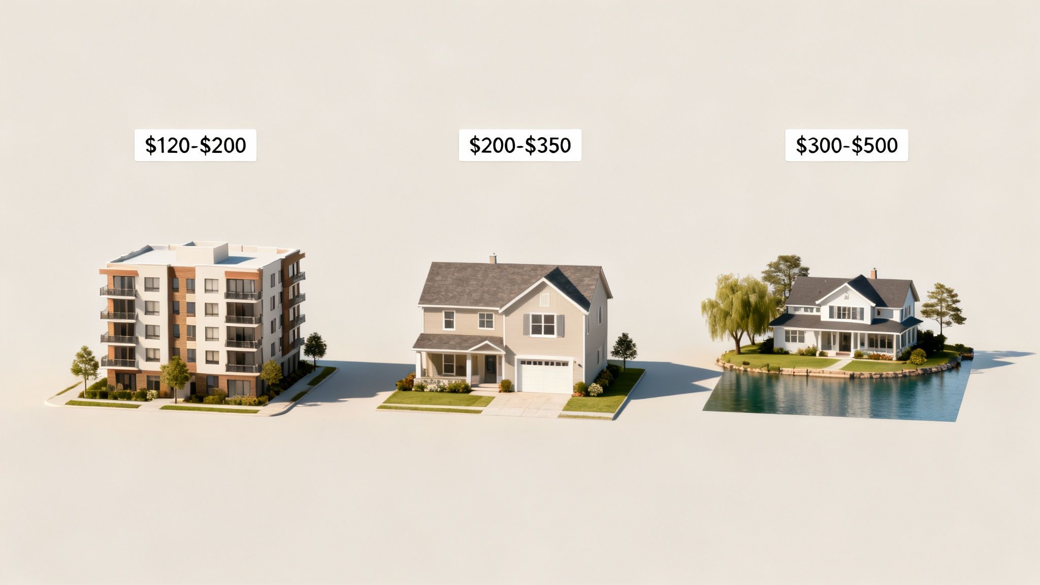 Three residential properties: an apartment building, a suburban house, and a lakeside home, with price ranges.