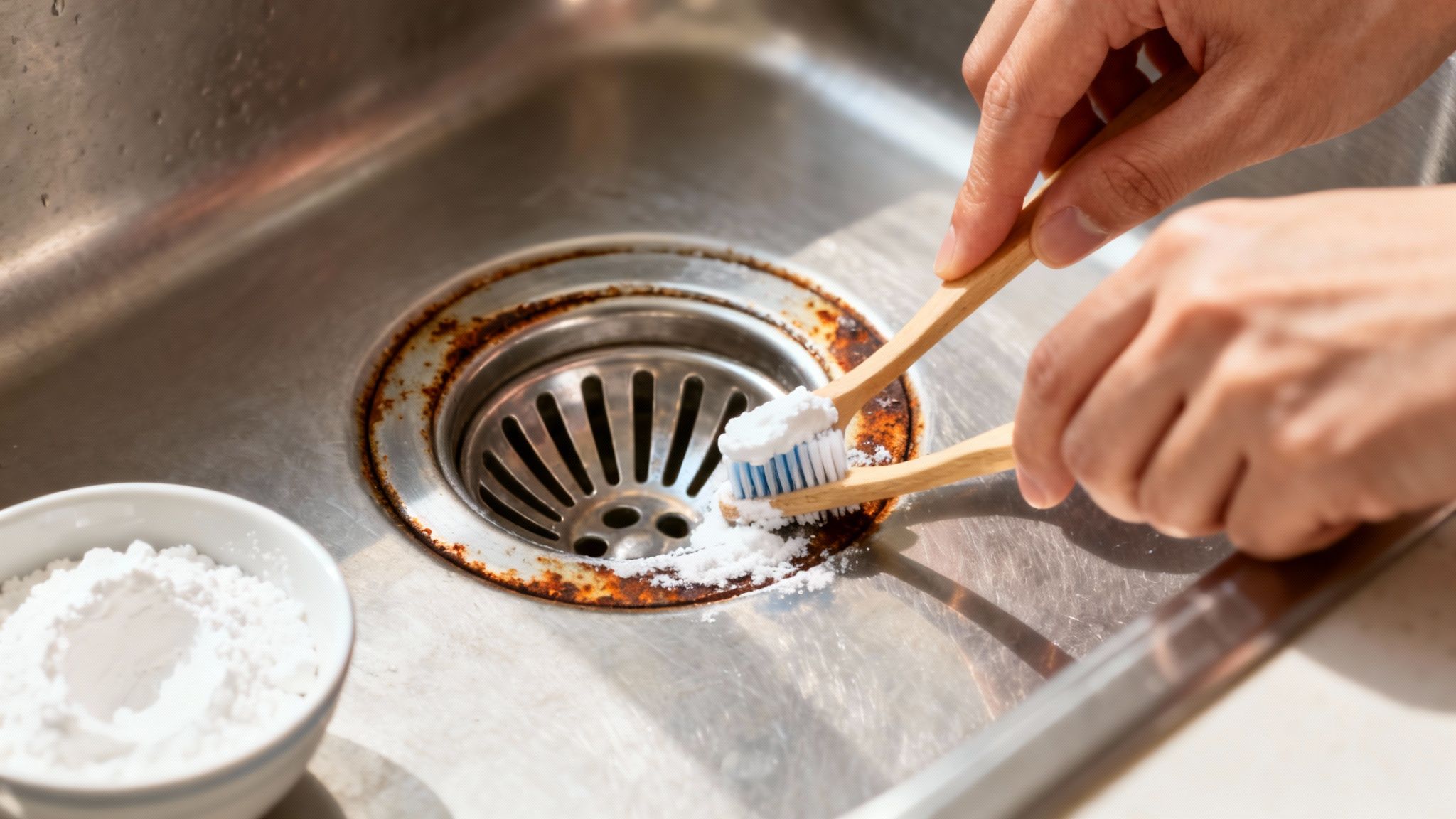 Hands using toothbrushes with cleaning powder to scrub rust from a stainless steel kitchen sink drain.