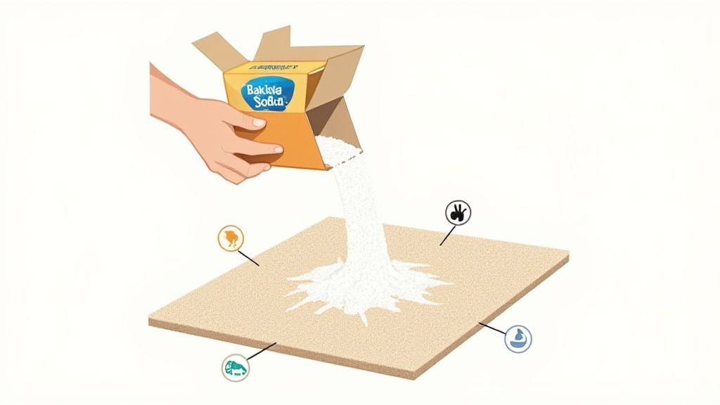 A white box of baking soda next to a small bowl of the white powder on a clean, light-colored carpet.