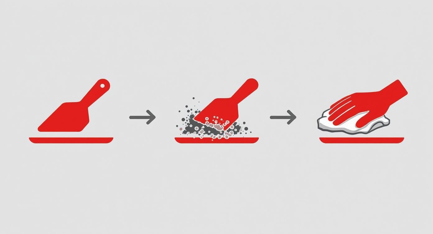 An infographic showing the three steps to scraping burnt food off a glass stove top Angle, Scrape, and Wipe.