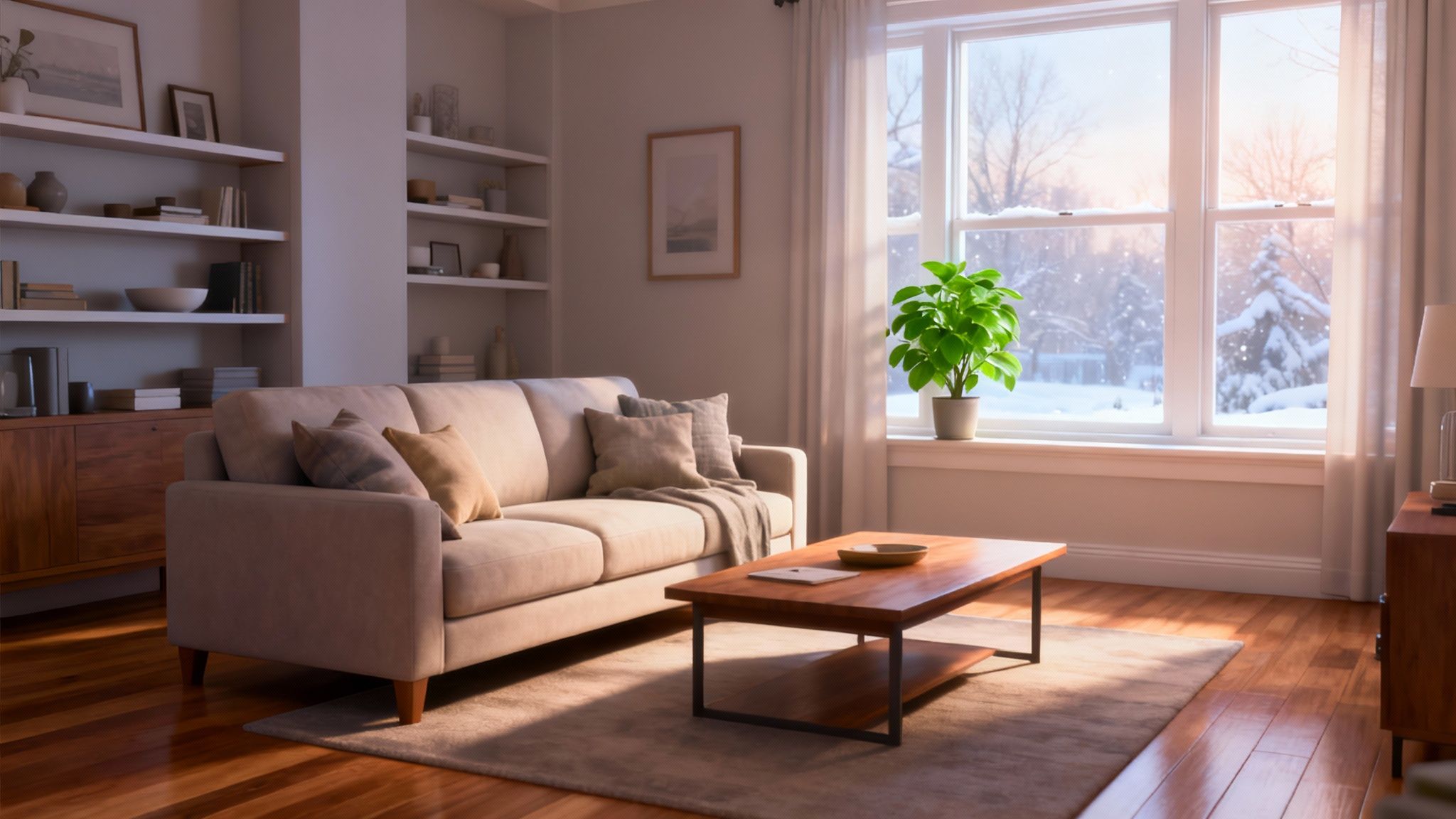 A beautifully clean living room with a neutral-colored sofa, plants, and natural light.