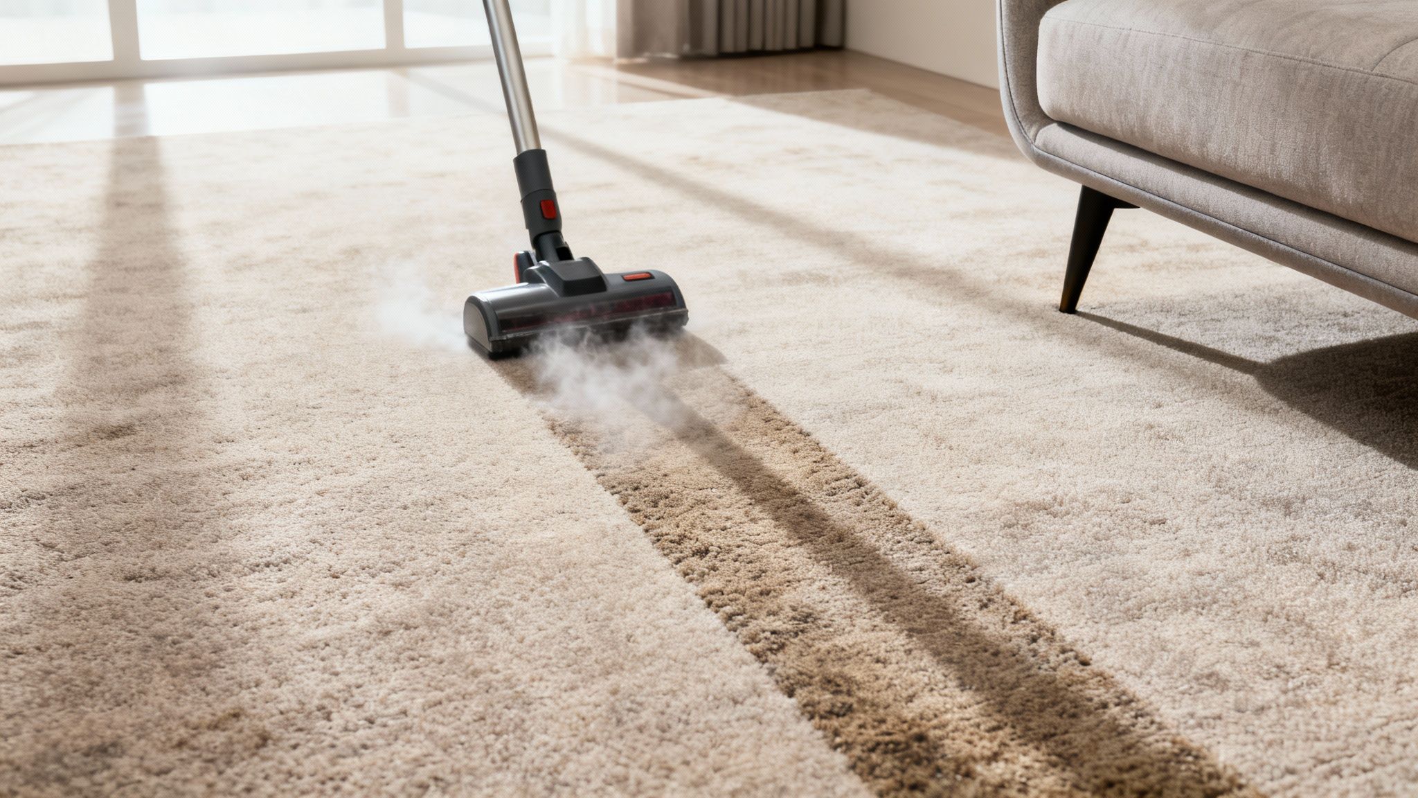 A vacuum cleaner steaming and cleaning a dirty beige carpet, revealing a clean path in a bright room.