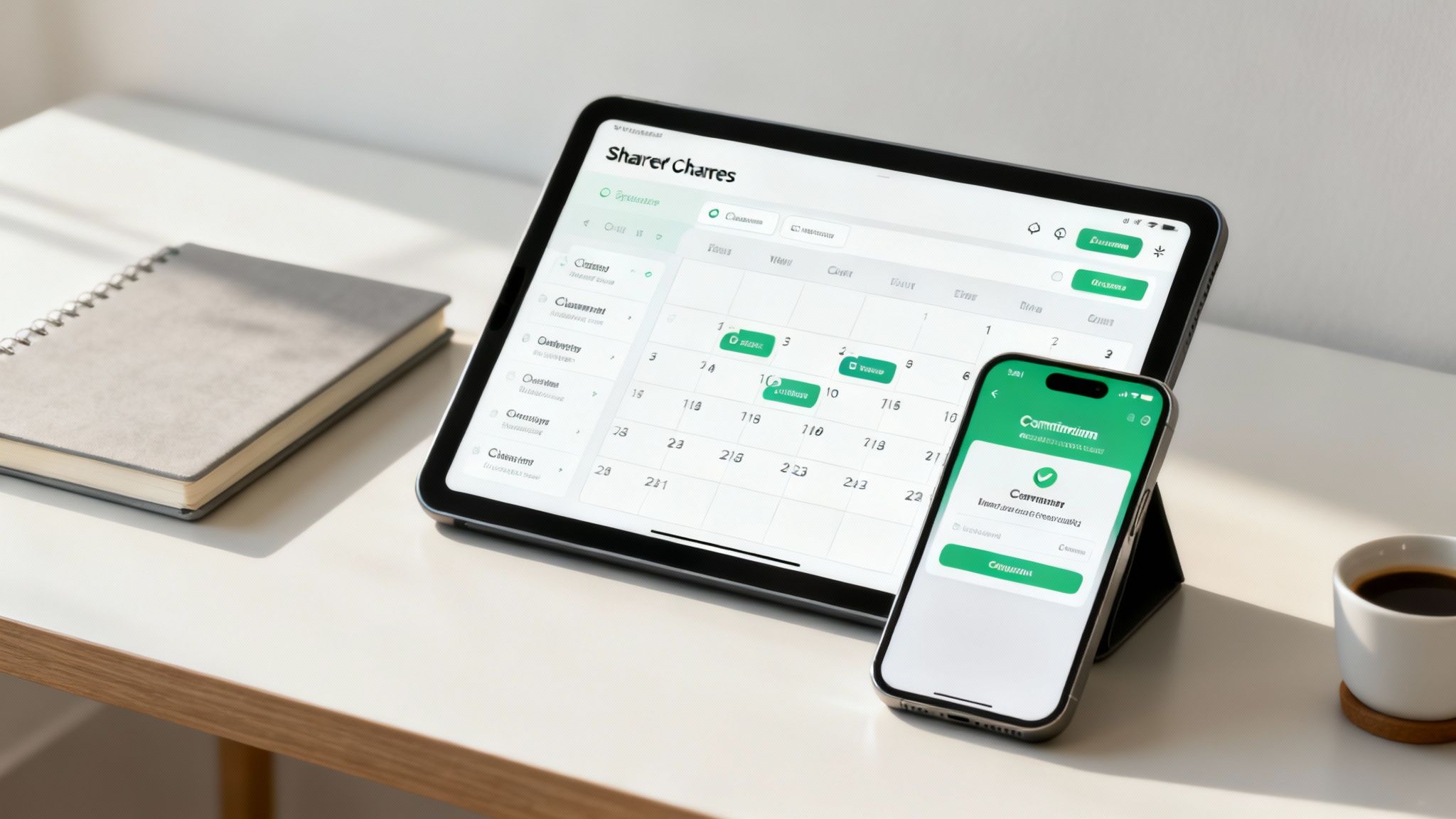 A calendar and a phone showing streamlined scheduling for property management cleaning services