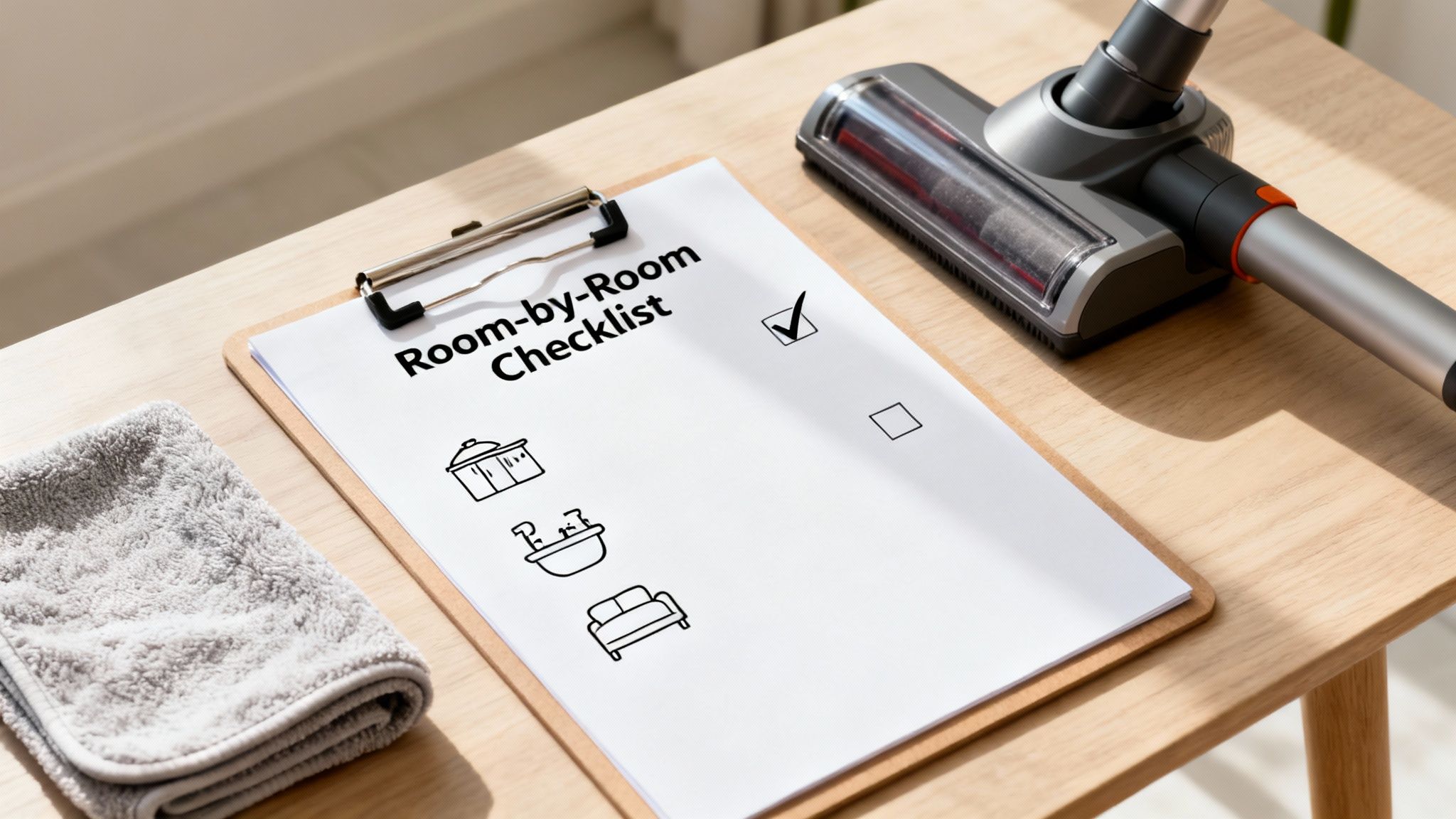 A detailed room-by-room cleaning plan on a clipboard next to a vacuum head and towel.