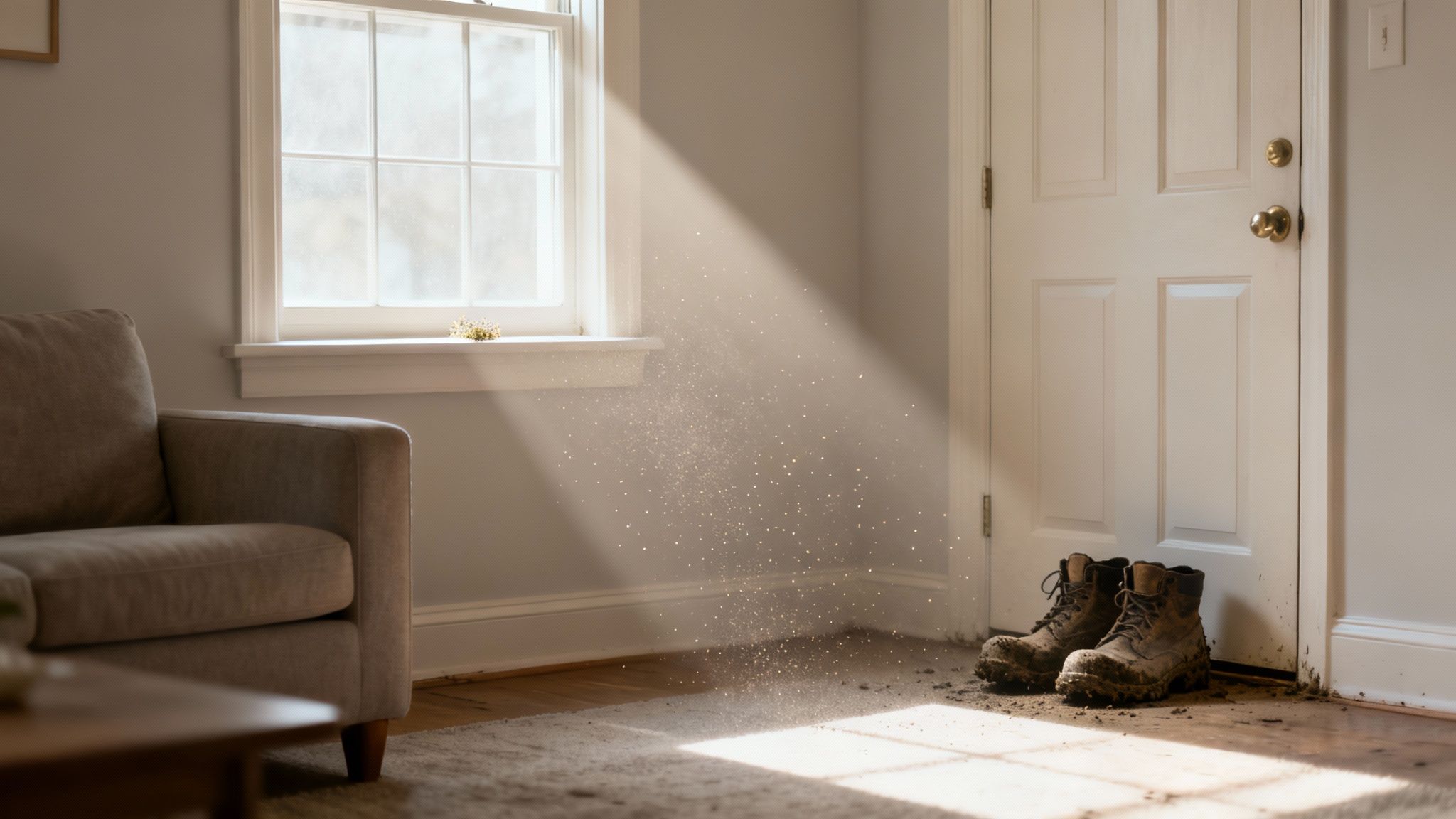Dust particles dance in a sunbeam from a window, next to a couch and muddy work boots.