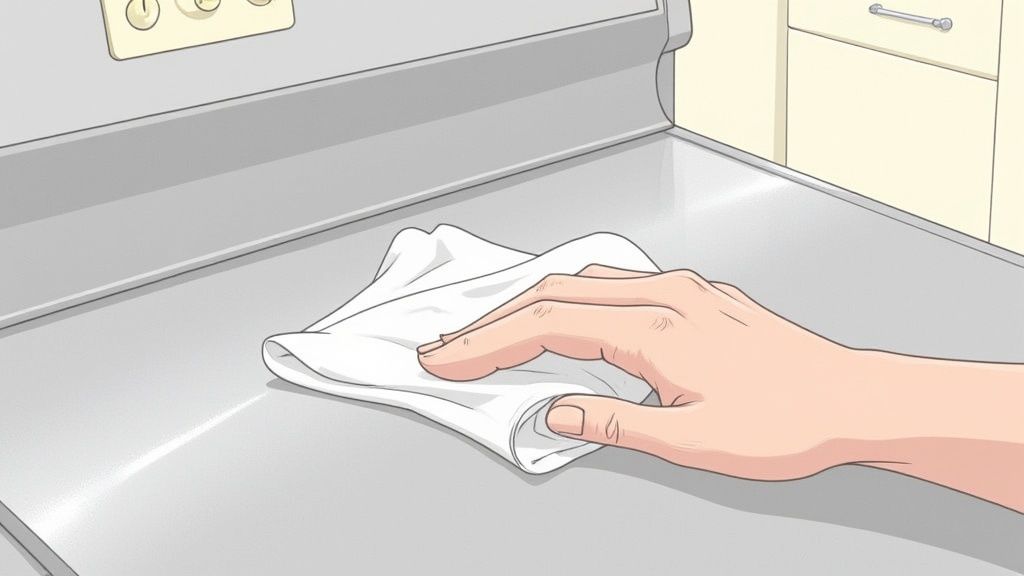 A close-up shot of a person using a microfiber cloth to wipe down a clean stainless steel stovetop, showing a streak-free shine.