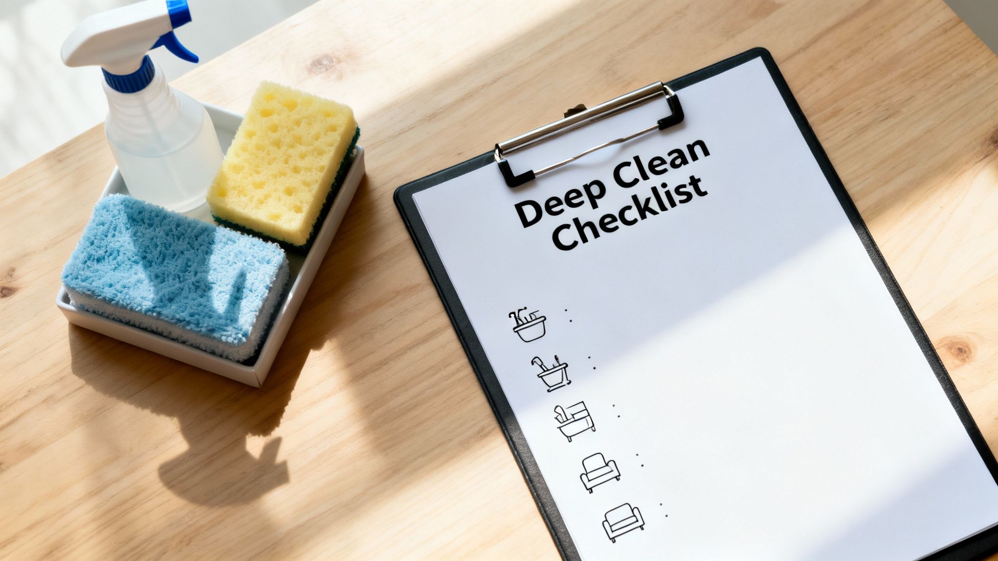 Overhead view of a deep clean checklist on a clipboard with cleaning supplies.