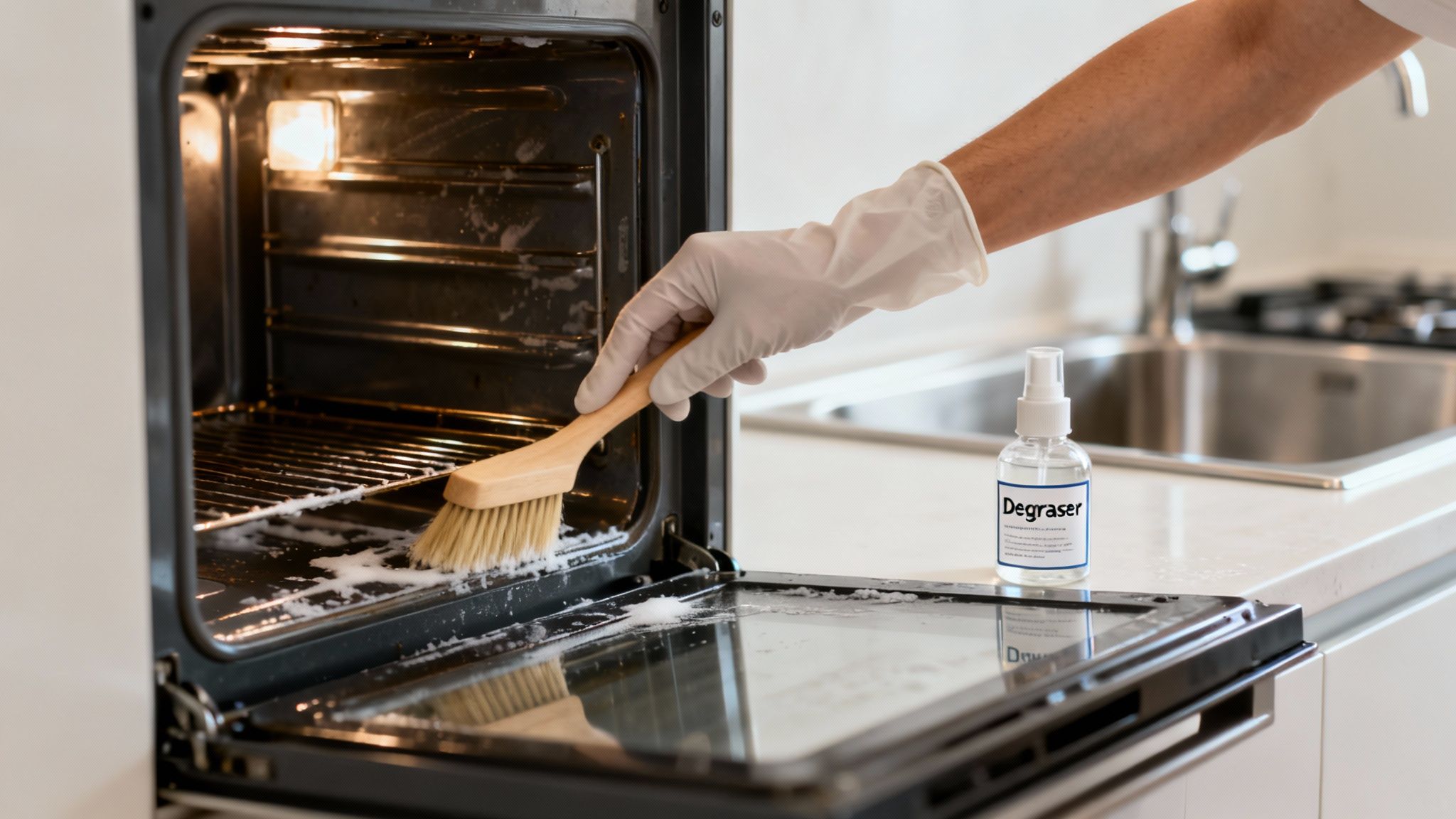 A gloved hand uses a brush to scrub the inside of a dirty oven with a degreaser.