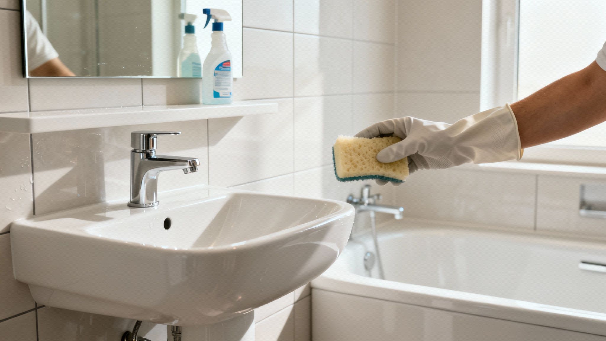 A person wearing white gloves holds a sponge, ready to clean a modern bathroom sink.