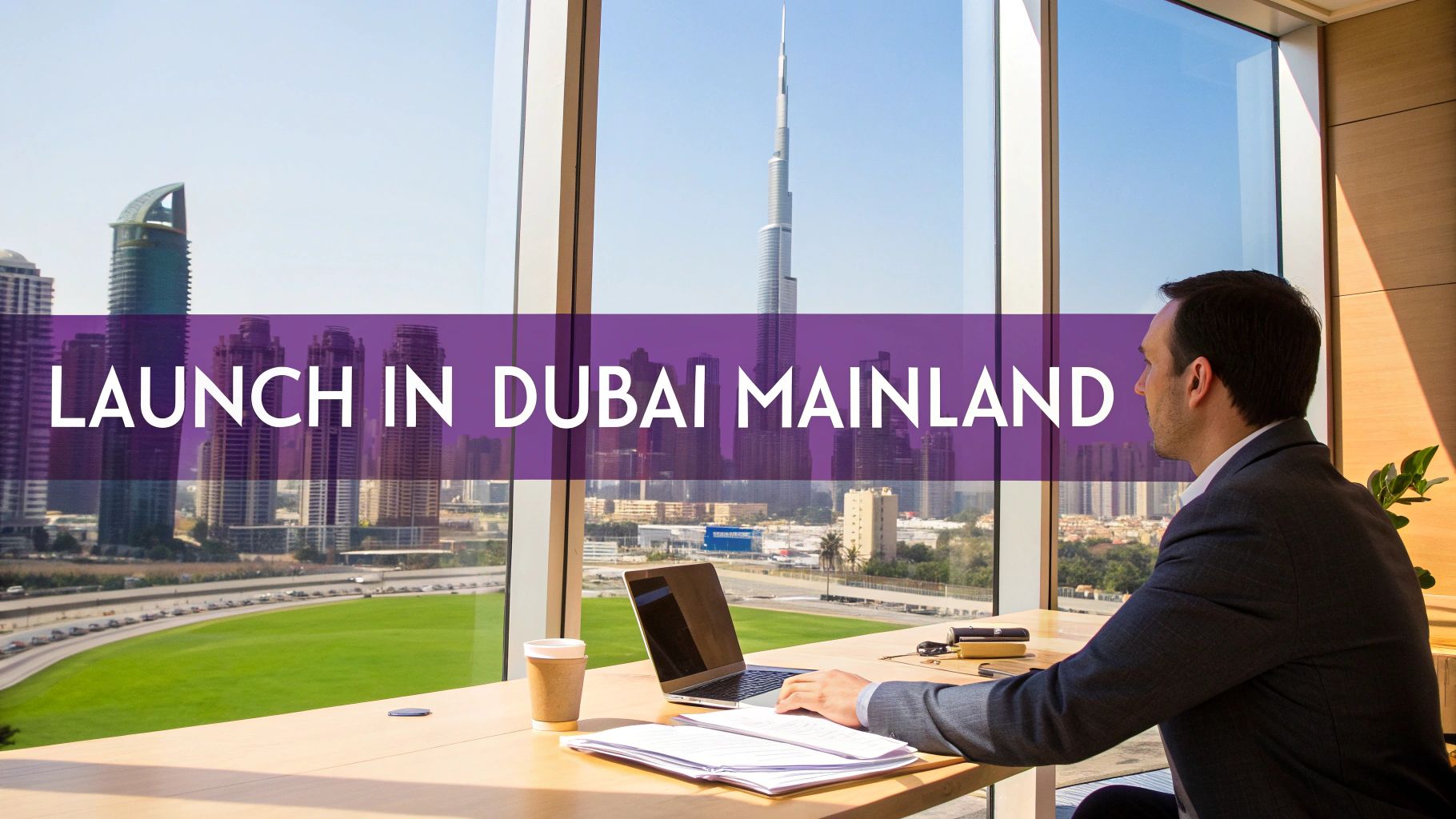 An entrepreneur reviewing business setup documents in a modern Dubai office