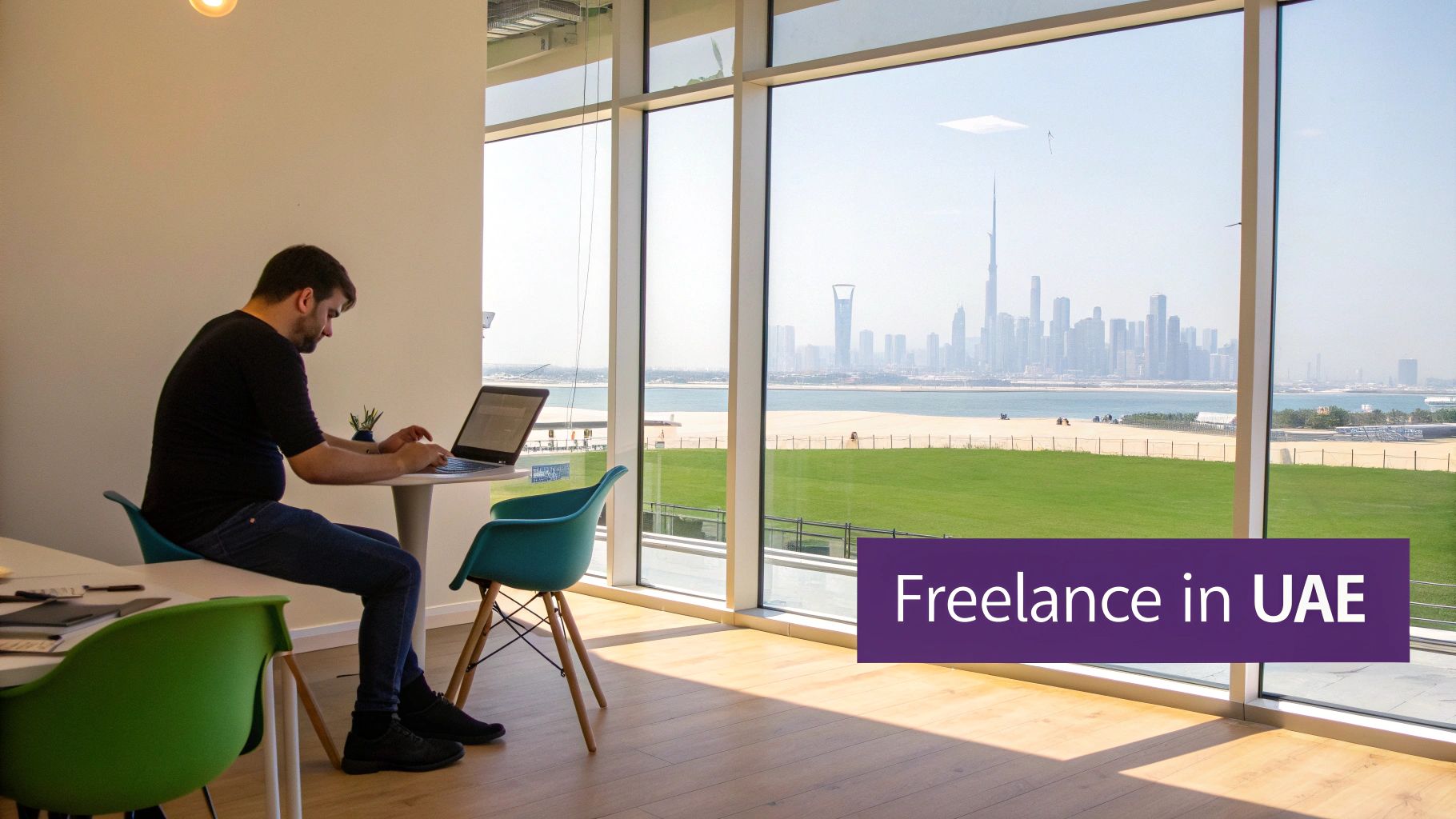 Freelancer working on laptop in modern UAE office with Dubai skyline view