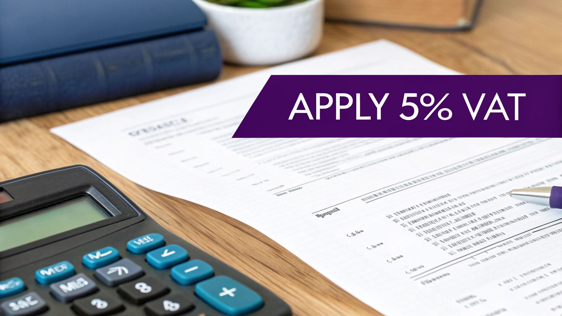 A desk setup with a calculator, documents, and a pen, featuring an overlay 'APPLY 5% VAT'.