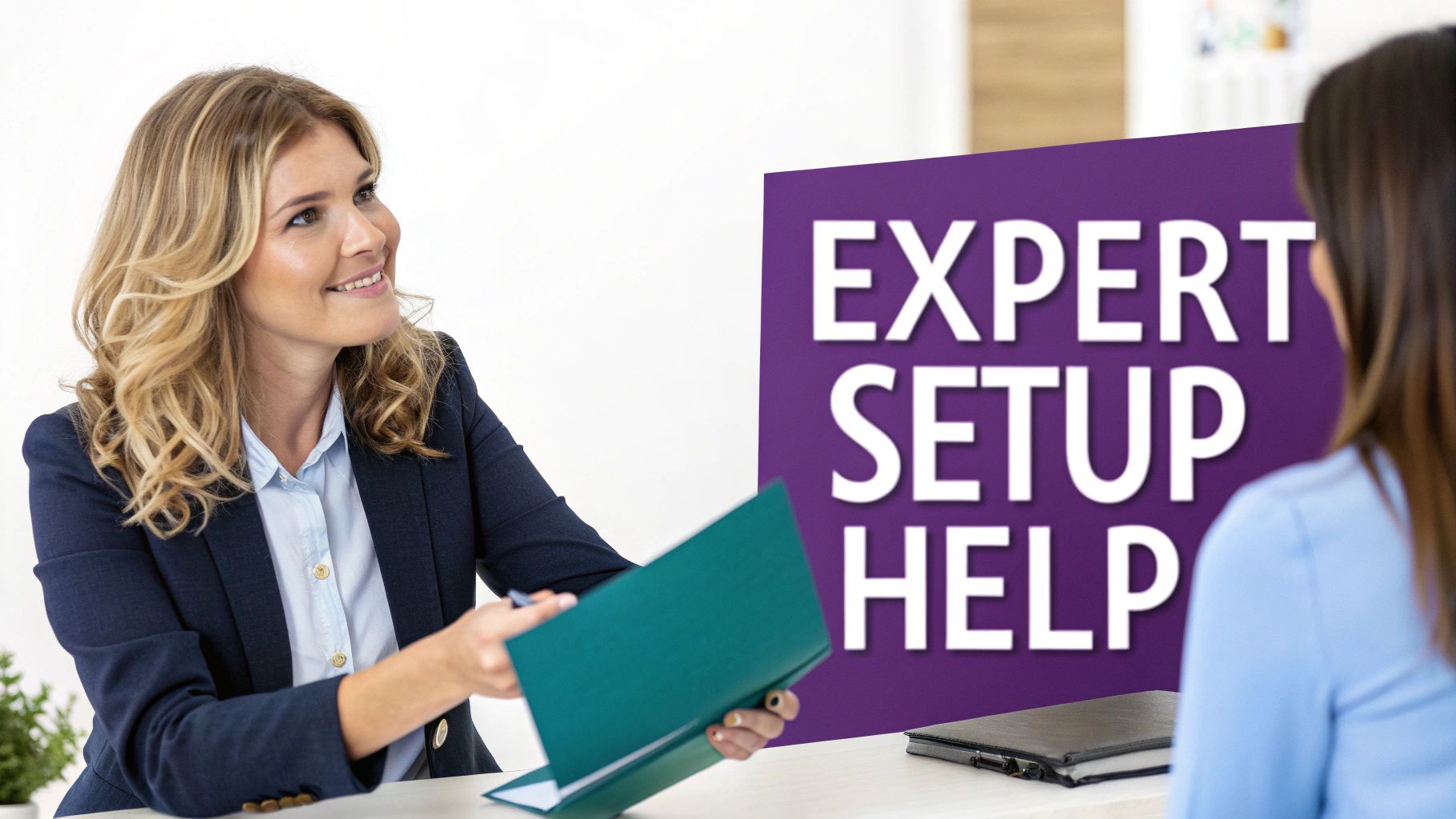 A professional business consultant reviewing documents with a client in a modern office.