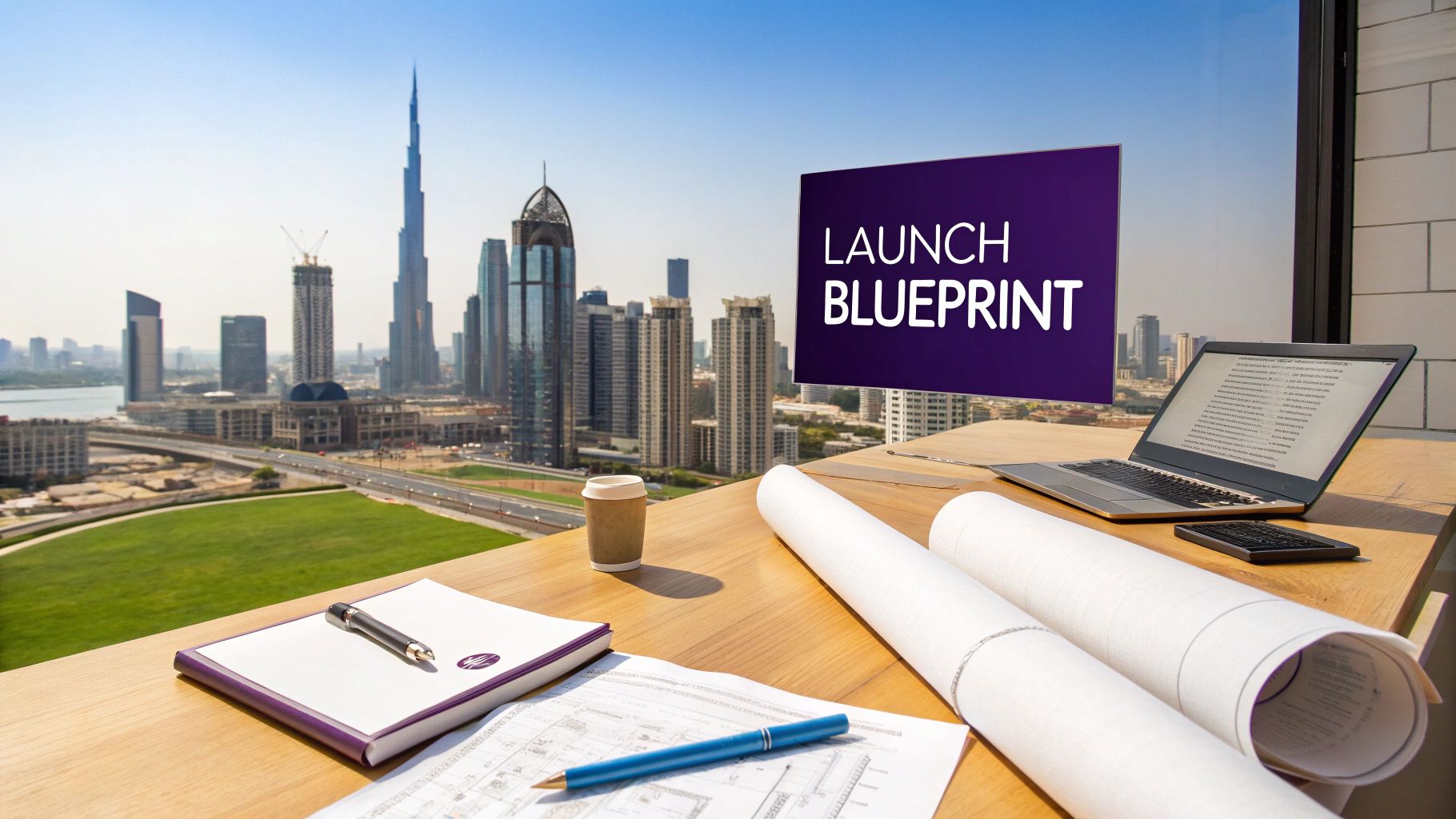 A modern office desk with a laptop, coffee, blueprints, and notebook, overlooking the Dubai cityscape with a 'LAUNCH BLUEPRINT' screen.