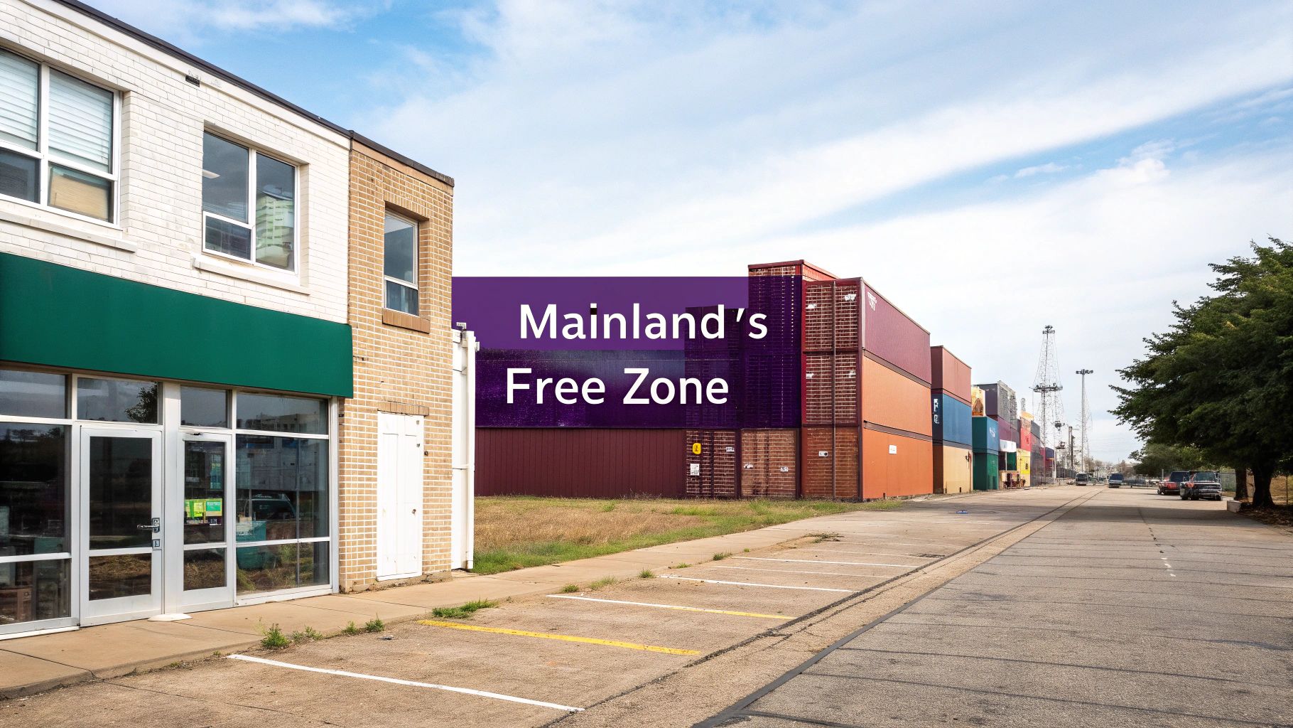 A split image showing a bustling Dubai street for Mainland and a modern office park for Free Zone.