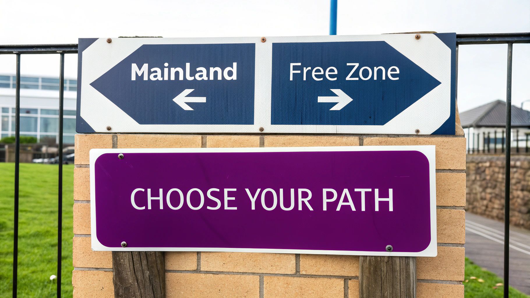 A modern office building with glass windows reflecting the Dubai cityscape