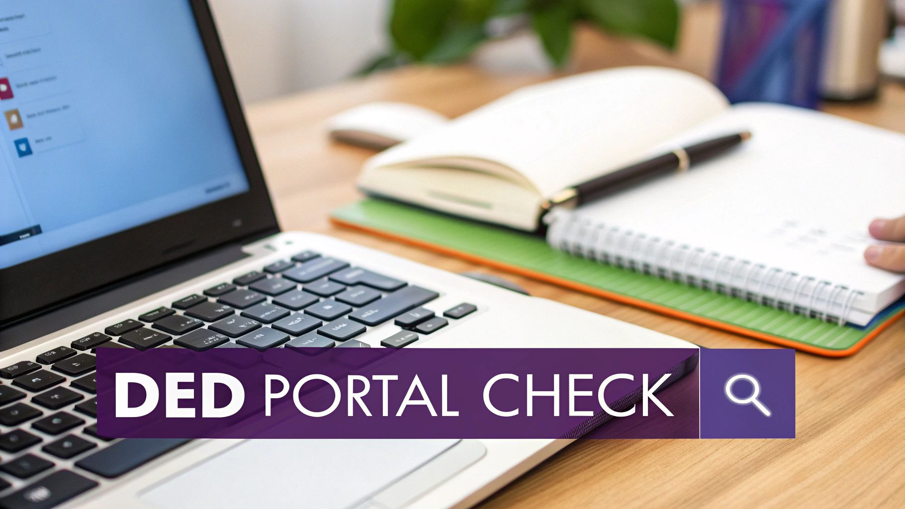 Person using a laptop with a 'DED Portal Check' overlay, notebooks, and a pen on a wooden desk.