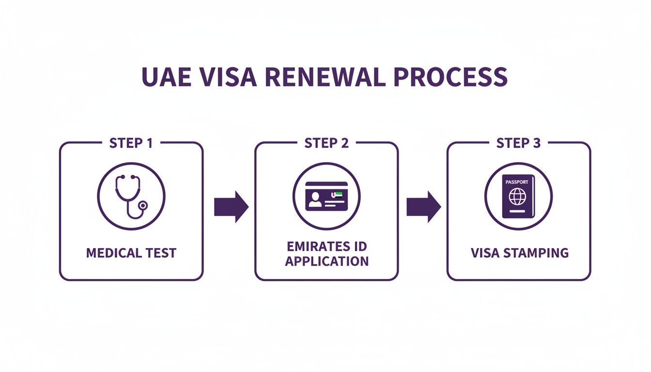 Infographic showing the UAE visa renewal process in three steps: medical test, Emirates ID application, and visa stamping.