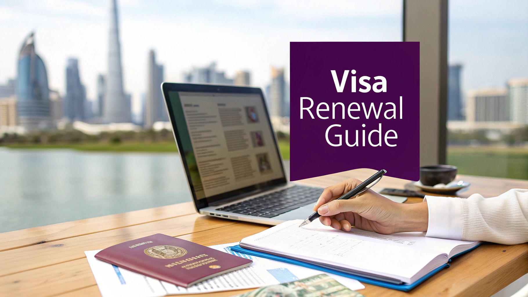 Person working on visa renewal with a passport, laptop, and notebook overlooking a city skyline.