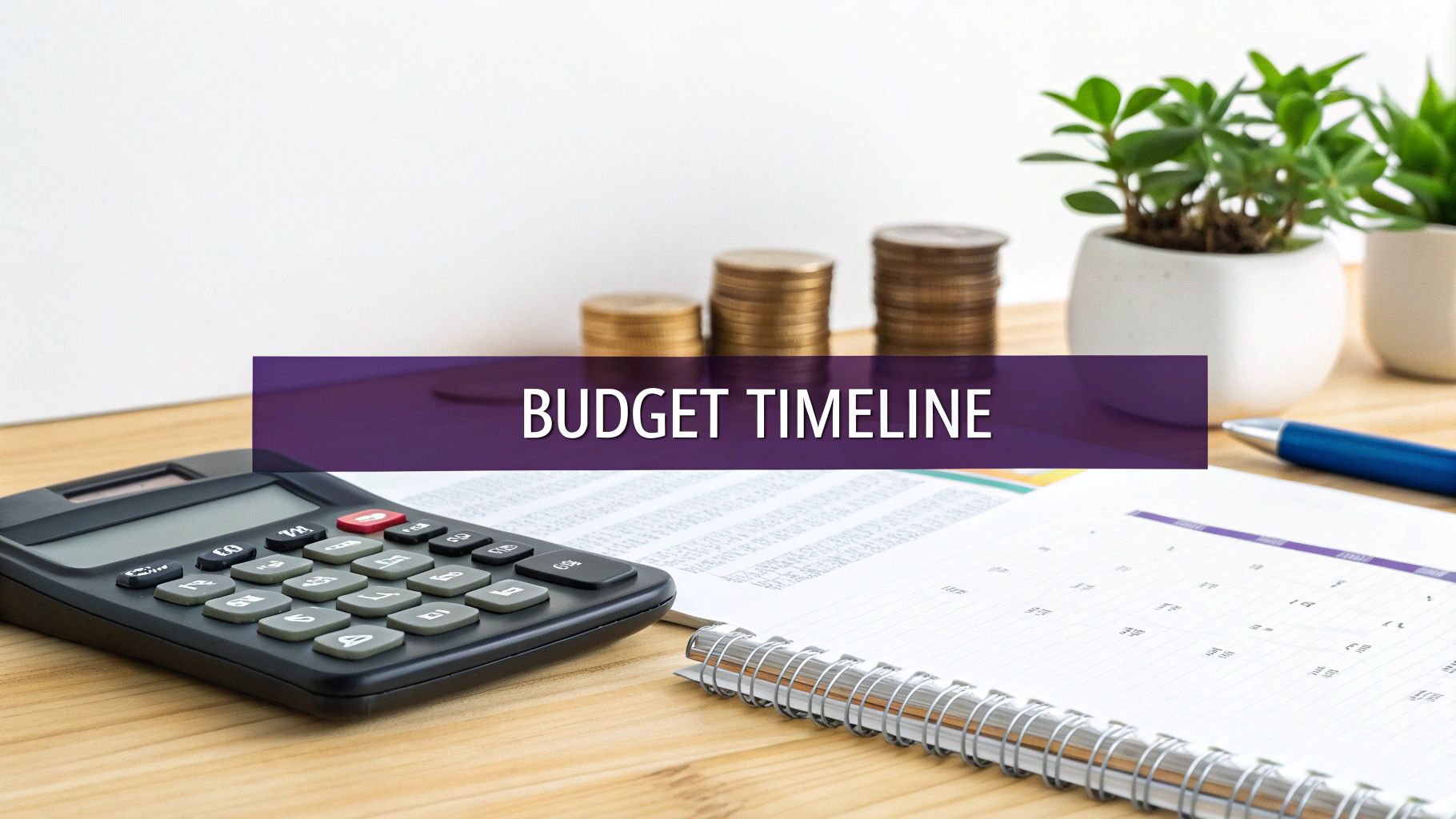 Budget timeline banner on desk with calculator, coins, spreadsheet, and notebook for financial planning