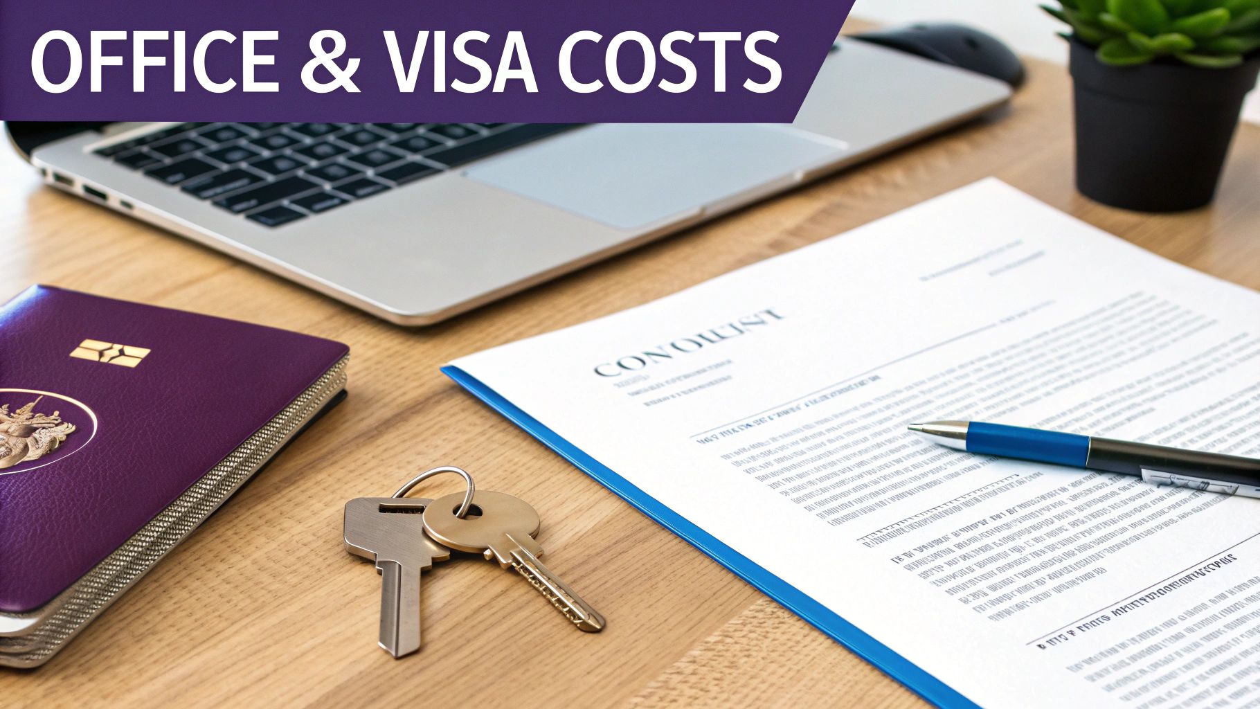 A desk with a laptop, purple passport, keys, document, pen, and plant, featuring 'Office & Visa Costs' banner.
