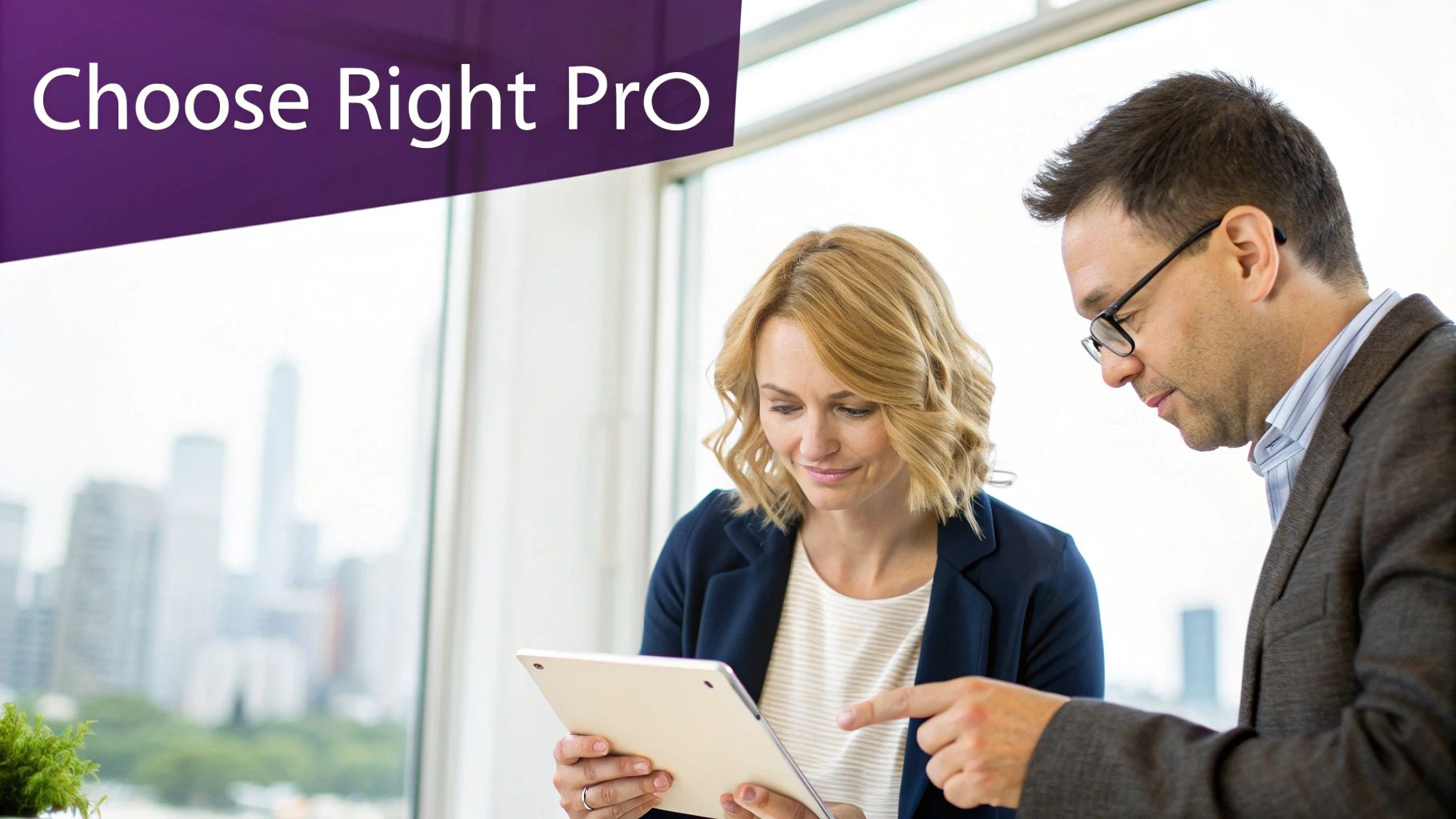 Two business professionals, a man and a woman, collaborating on a tablet in an office.