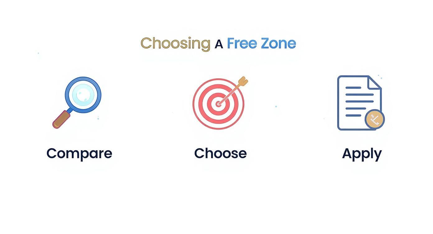 Three step process for choosing a free zone: compare options, choose target, and apply for visa