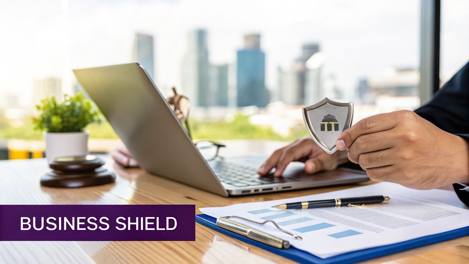 A person holds a shield icon with a building symbol while working on a laptop, symbolizing business protection.