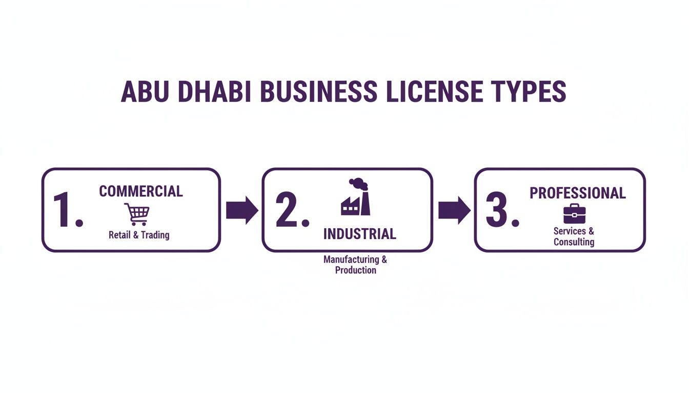 Flowchart showing three types of Abu Dhabi business licenses: Commercial, Industrial, and Professional.