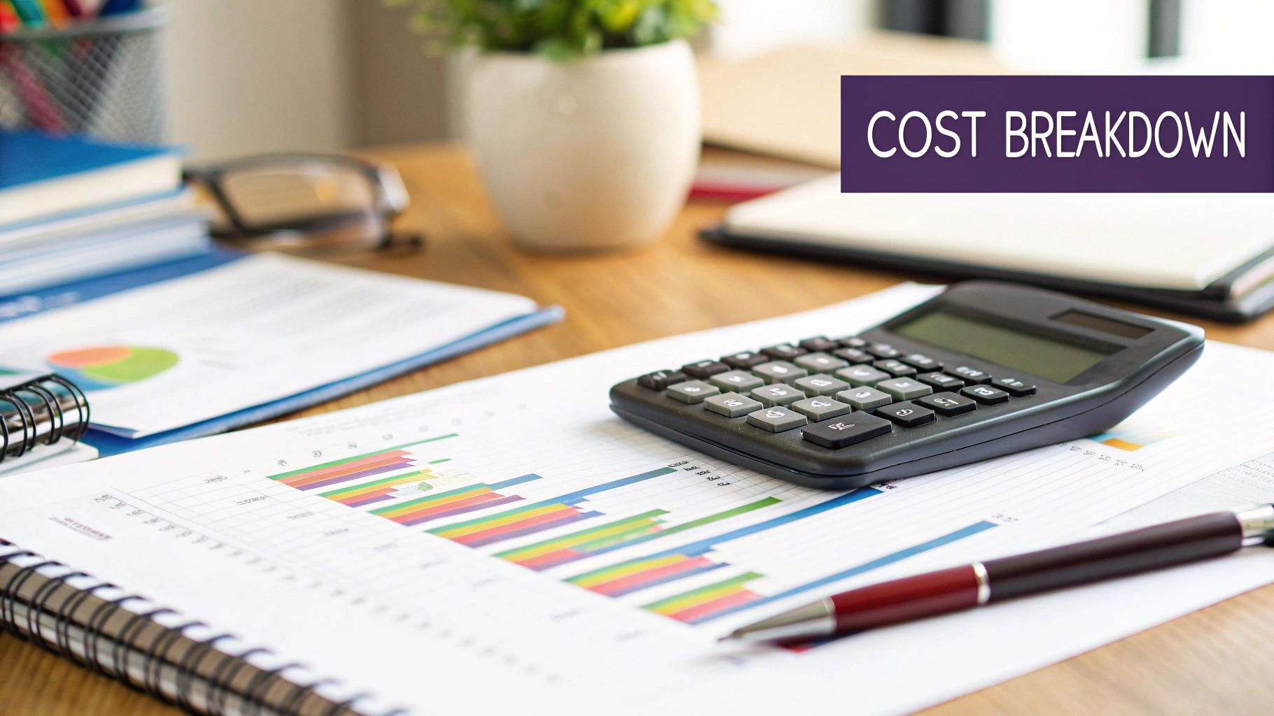 A professional woman using a calculator to plan her business budget in a modern office.
