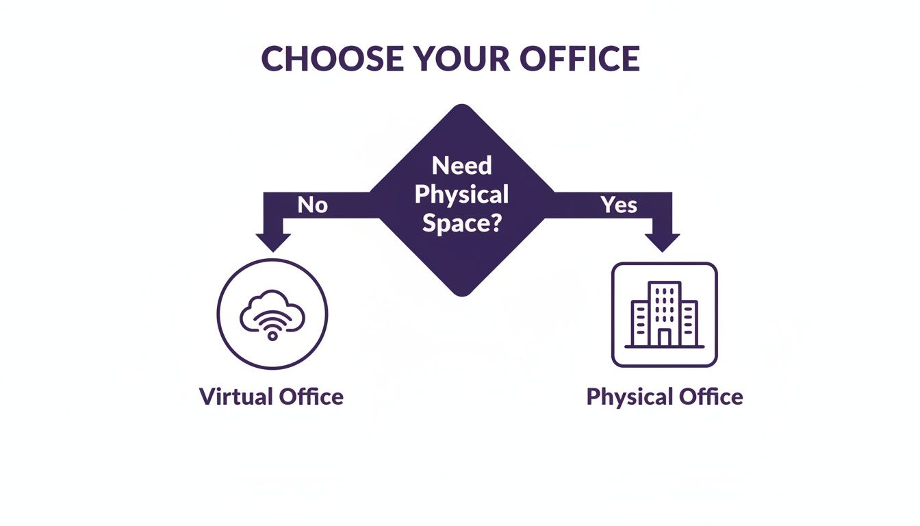 Flowchart comparing virtual and physical office options based on the need for physical space.