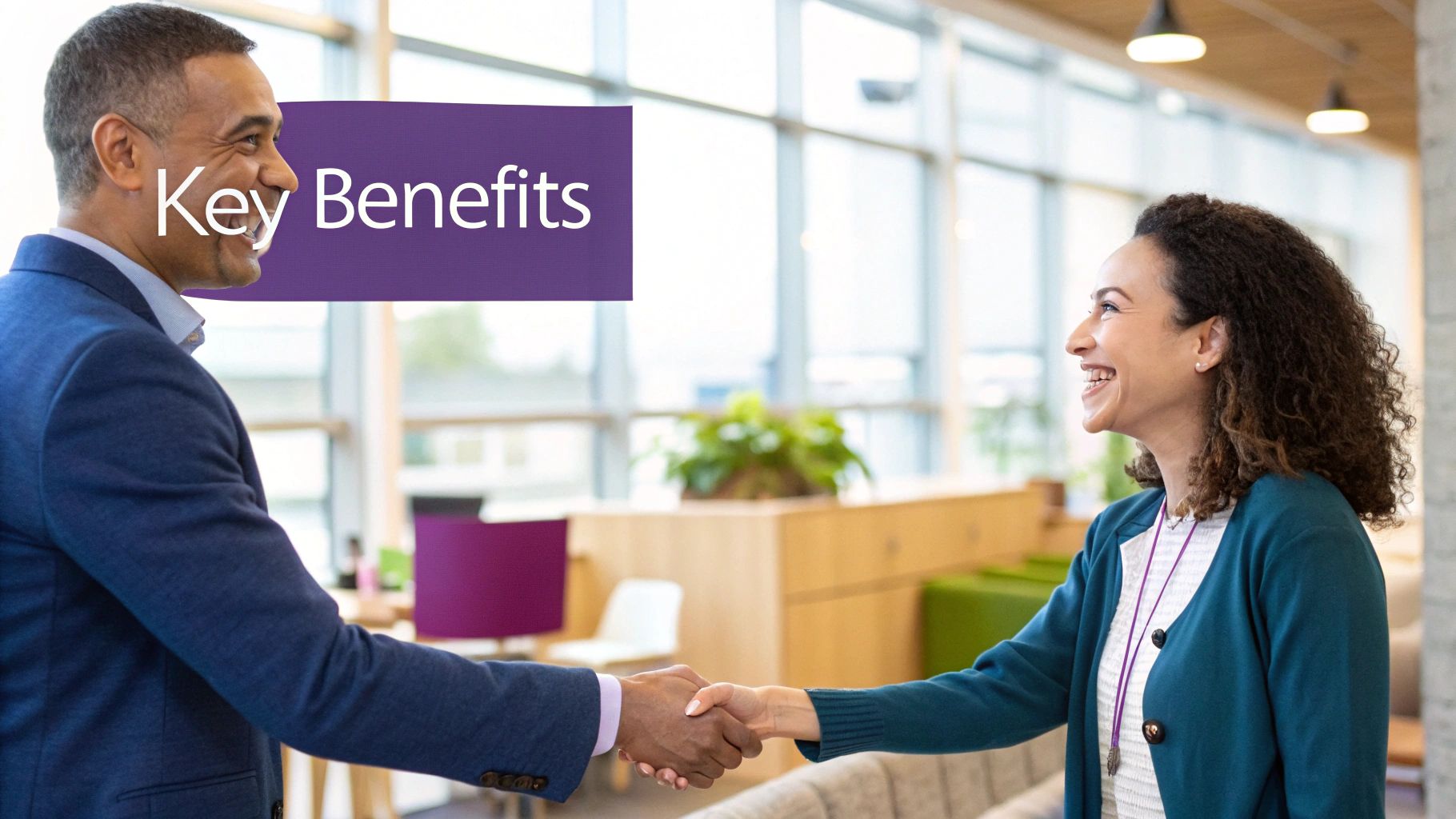 A professional business meeting with two people shaking hands across a desk.