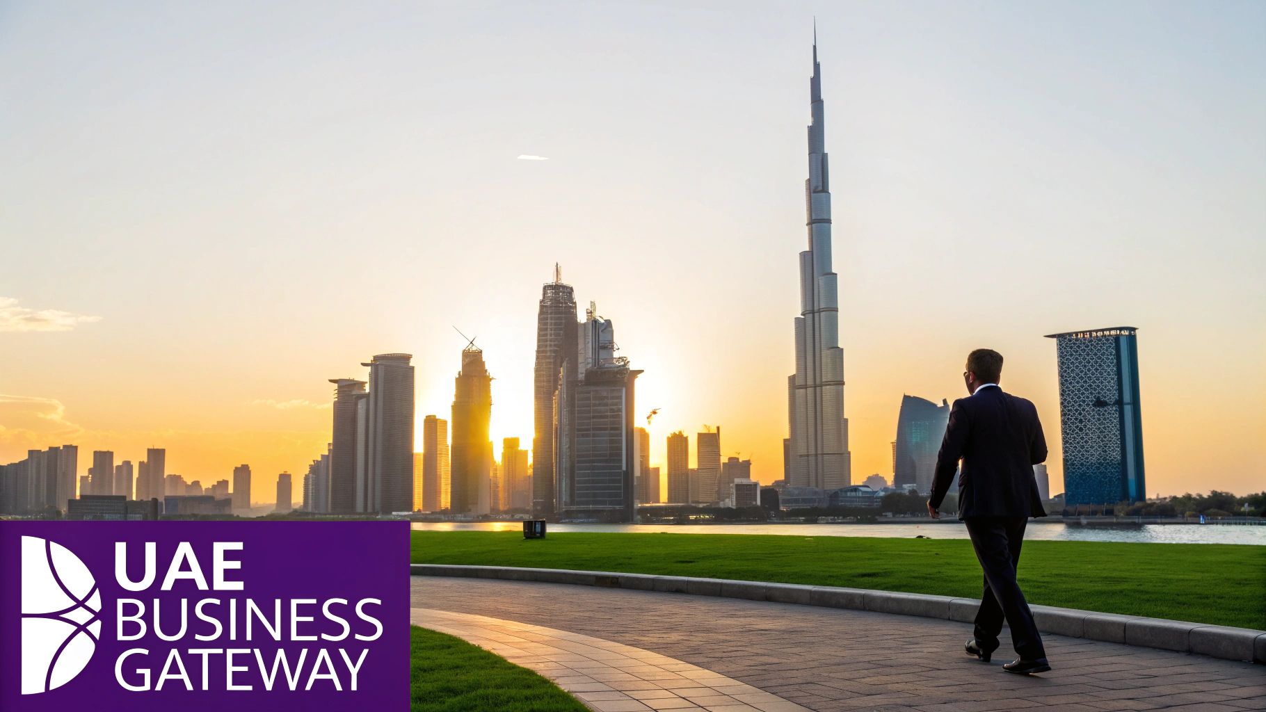 A modern cityscape with towering skyscrapers and a highway, representing the business environment in the UAE.