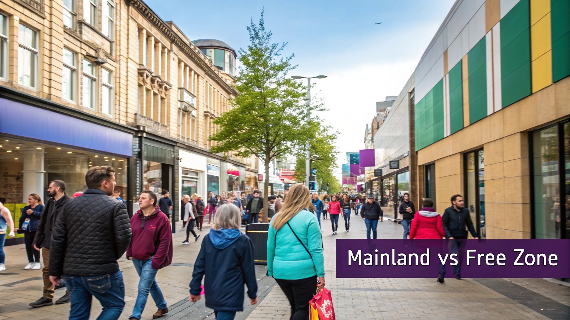 A man and woman in business attire reviewing documents in a modern Dubai office with a cityscape view.