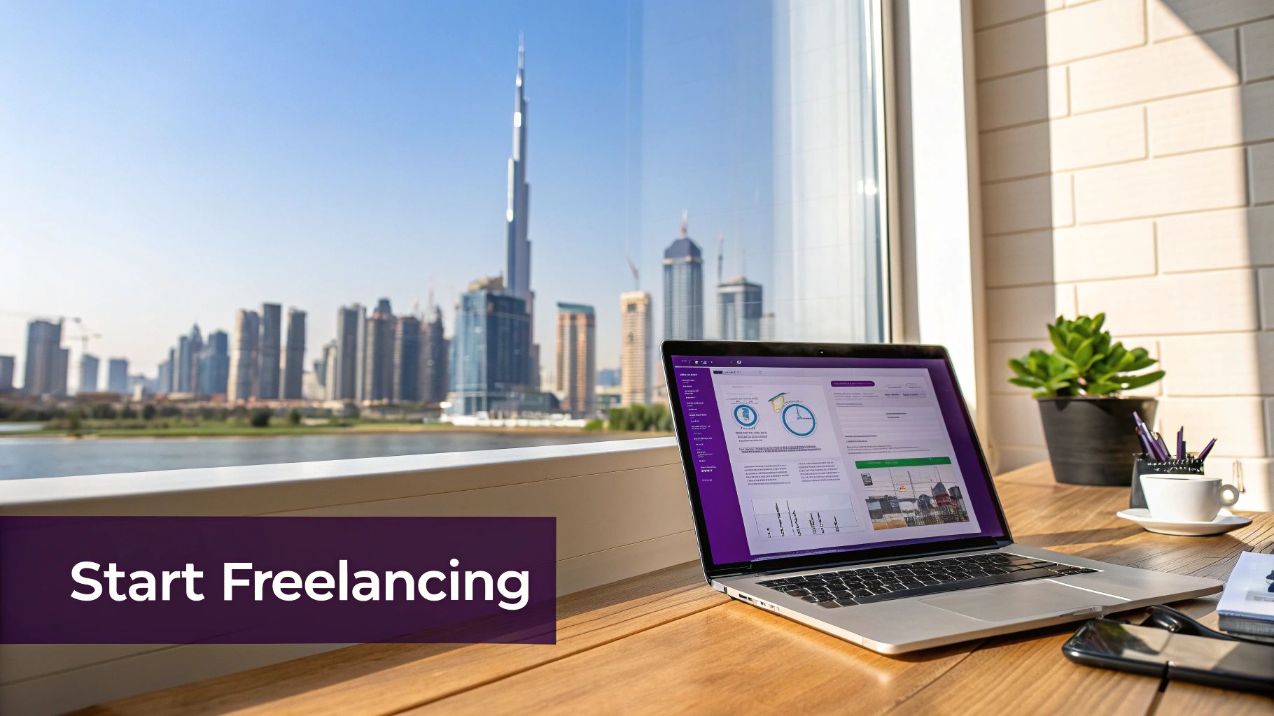 A laptop on a wooden desk overlooking the Dubai skyline with Burj Khalifa, promoting freelancing.