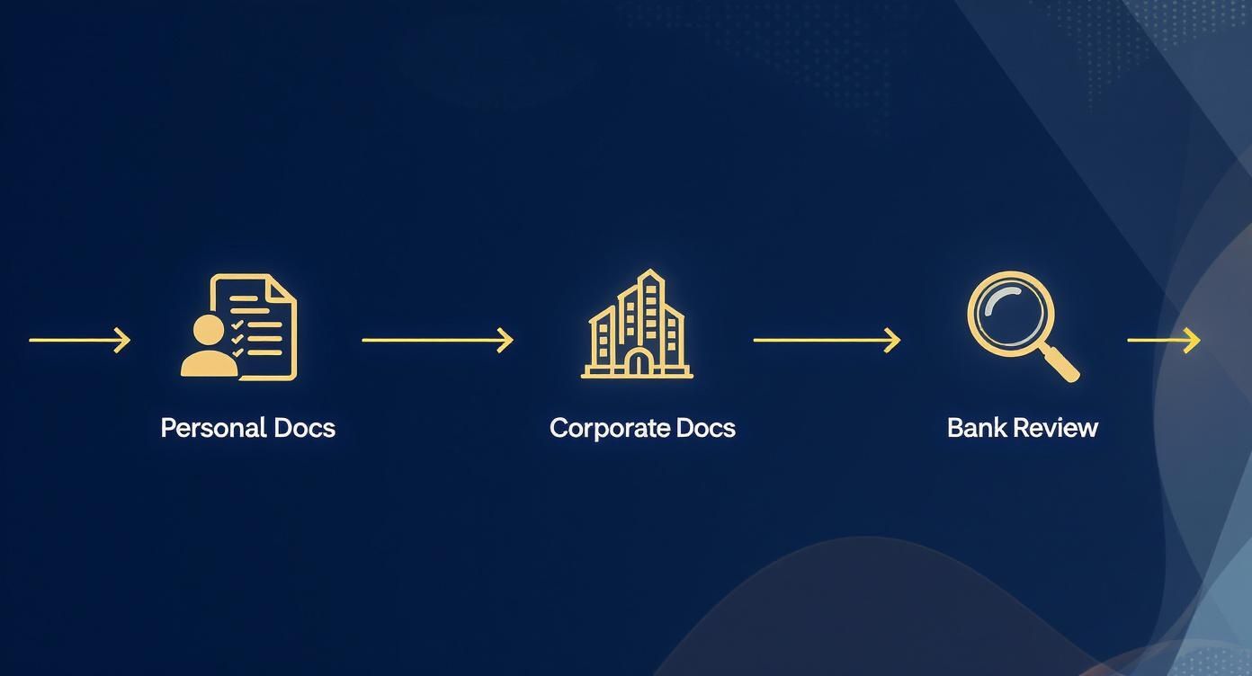 A workflow diagram showing steps: Personal Docs, Corporate Docs, and Bank Review, connected by arrows.