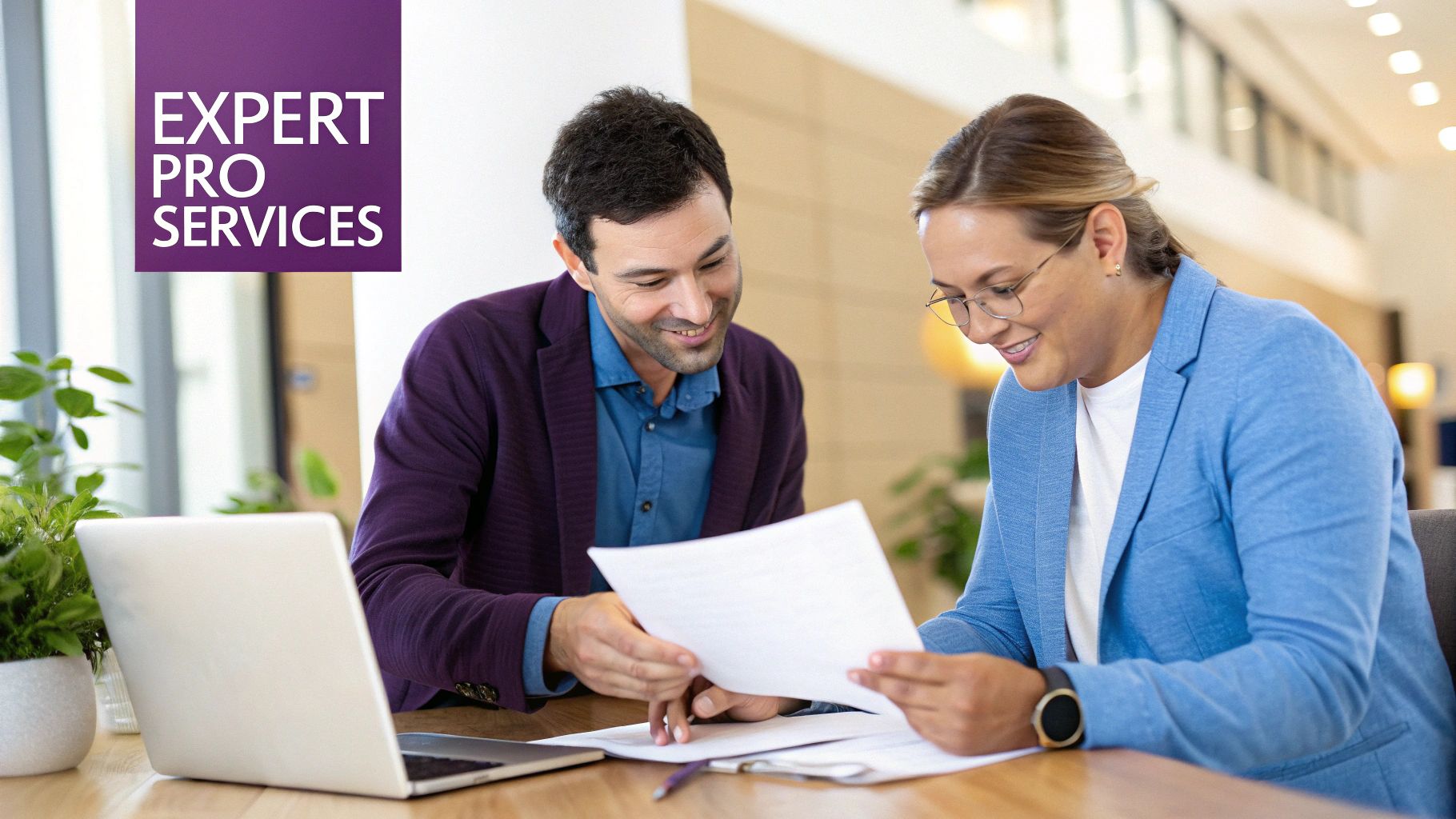 Two colleagues discussing business documents in a modern office, symbolizing expert services.