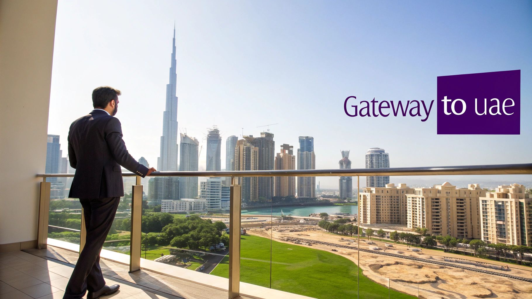 A man in a suit on a balcony overlooks the magnificent Dubai skyline with Burj Khalifa.