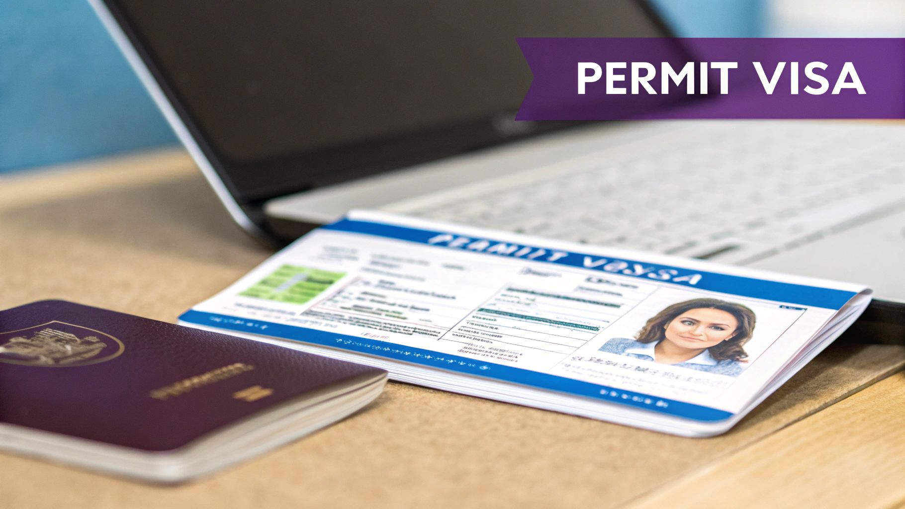 Work permit visa document with passport and laptop for UAE freelance application